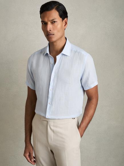Reiss Holiday Linen Regular Fit Shirt, Pale Blue