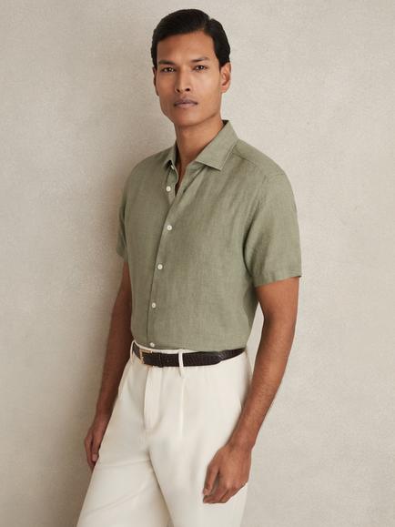 Reiss Holiday Linen Regular Fit Shirt, Thyme Green
