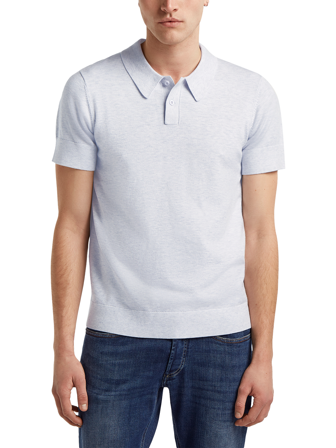 Product image 2 of 4, which shows DENHAM Eaton Regular Fit Short Sleeve Knitted Polo Shirt, Light Grey, M
