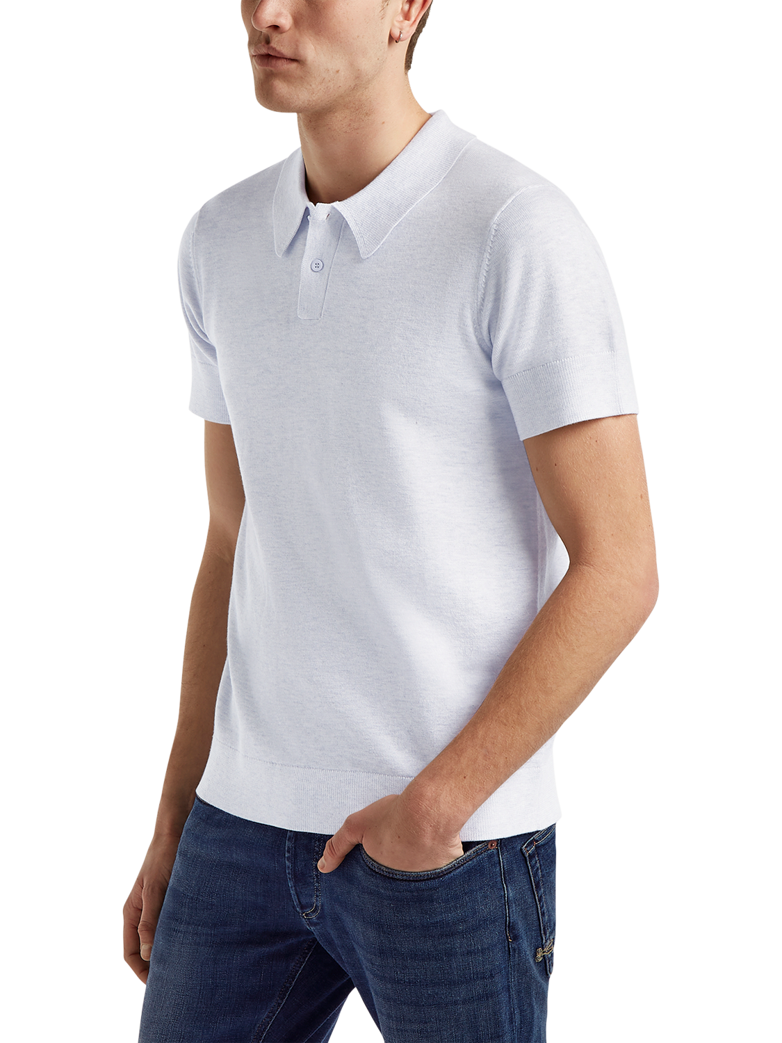 Product image 3 of 4, which shows DENHAM Eaton Regular Fit Short Sleeve Knitted Polo Shirt, Light Grey, M