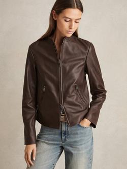 Reiss Allie Biker Leather Jacket, Chocolate Brown, Chocolate Brown