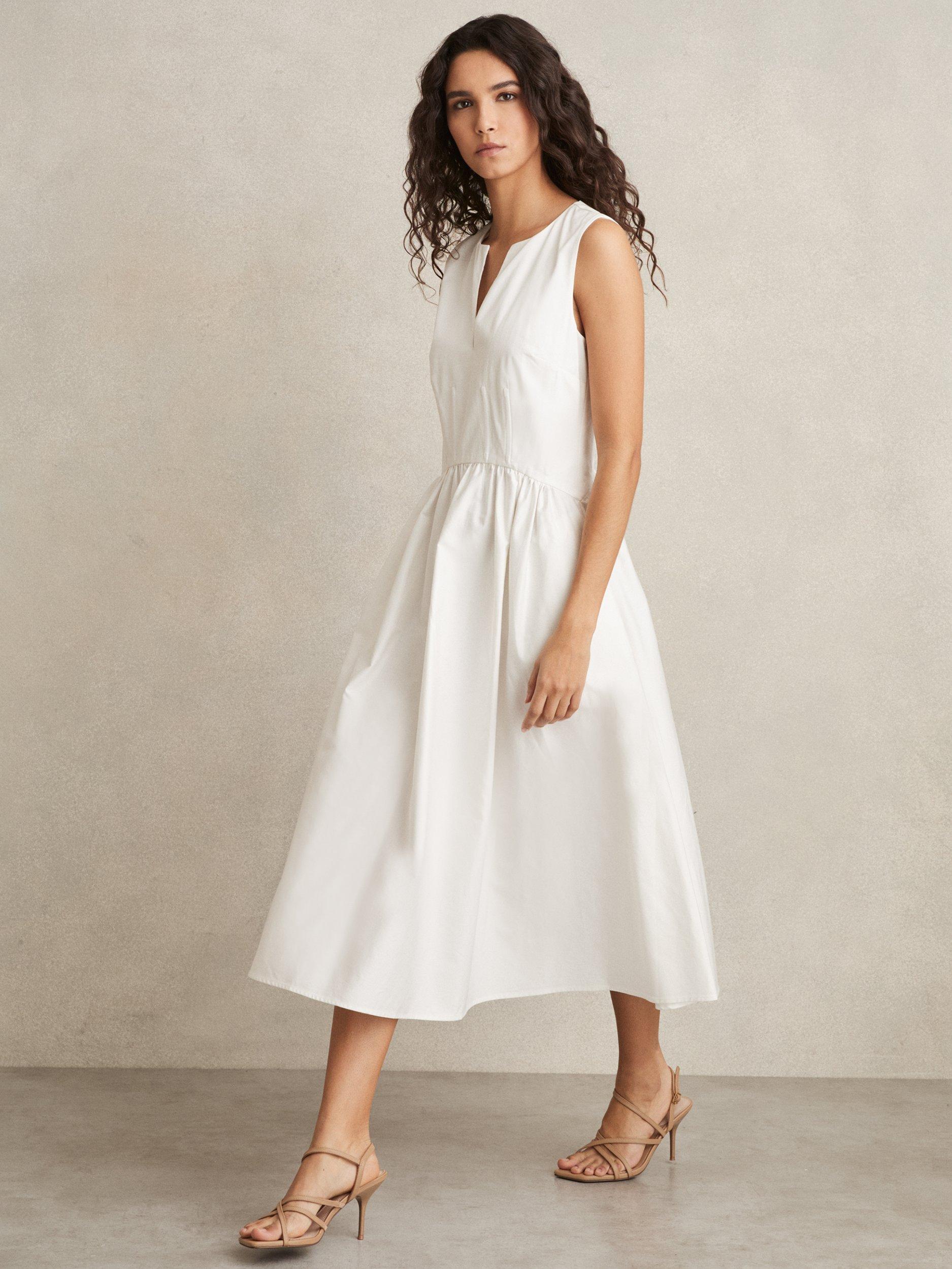 Product image 1 of 5, which shows Reiss Liza Cotton A-Line Midi Dress, Ivory, 8
