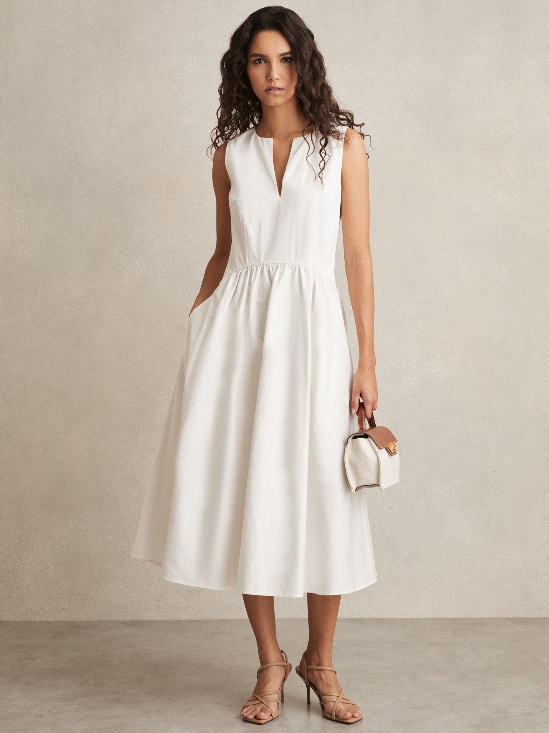 Product image 5 of 5, which shows Reiss Liza Cotton A-Line Midi Dress, Ivory, 8