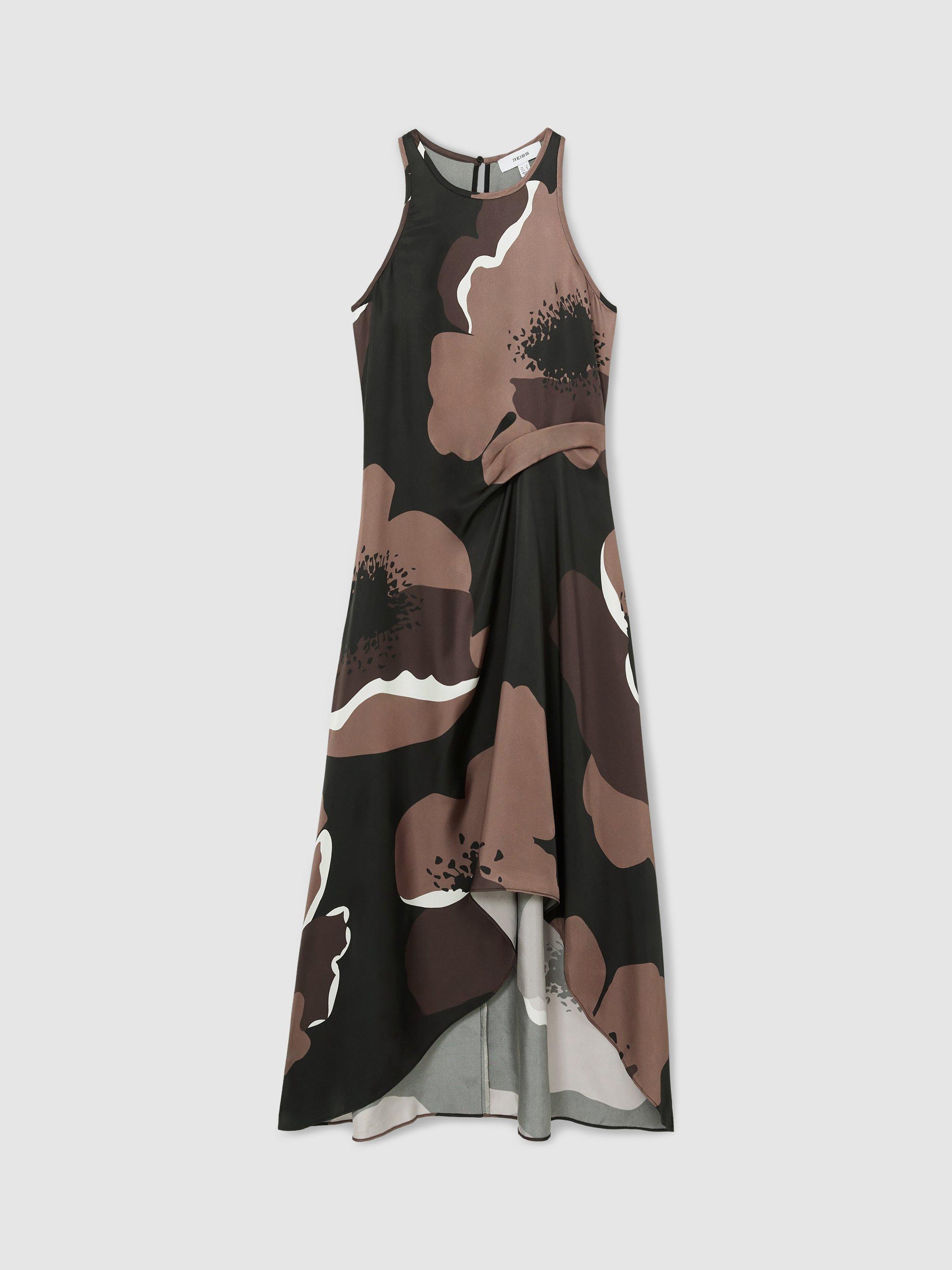 Product image 3 of 5, which shows Reiss Petite Michalie Floral Draped Flared Maxi Dress, Brown/Multi, 6Pt
