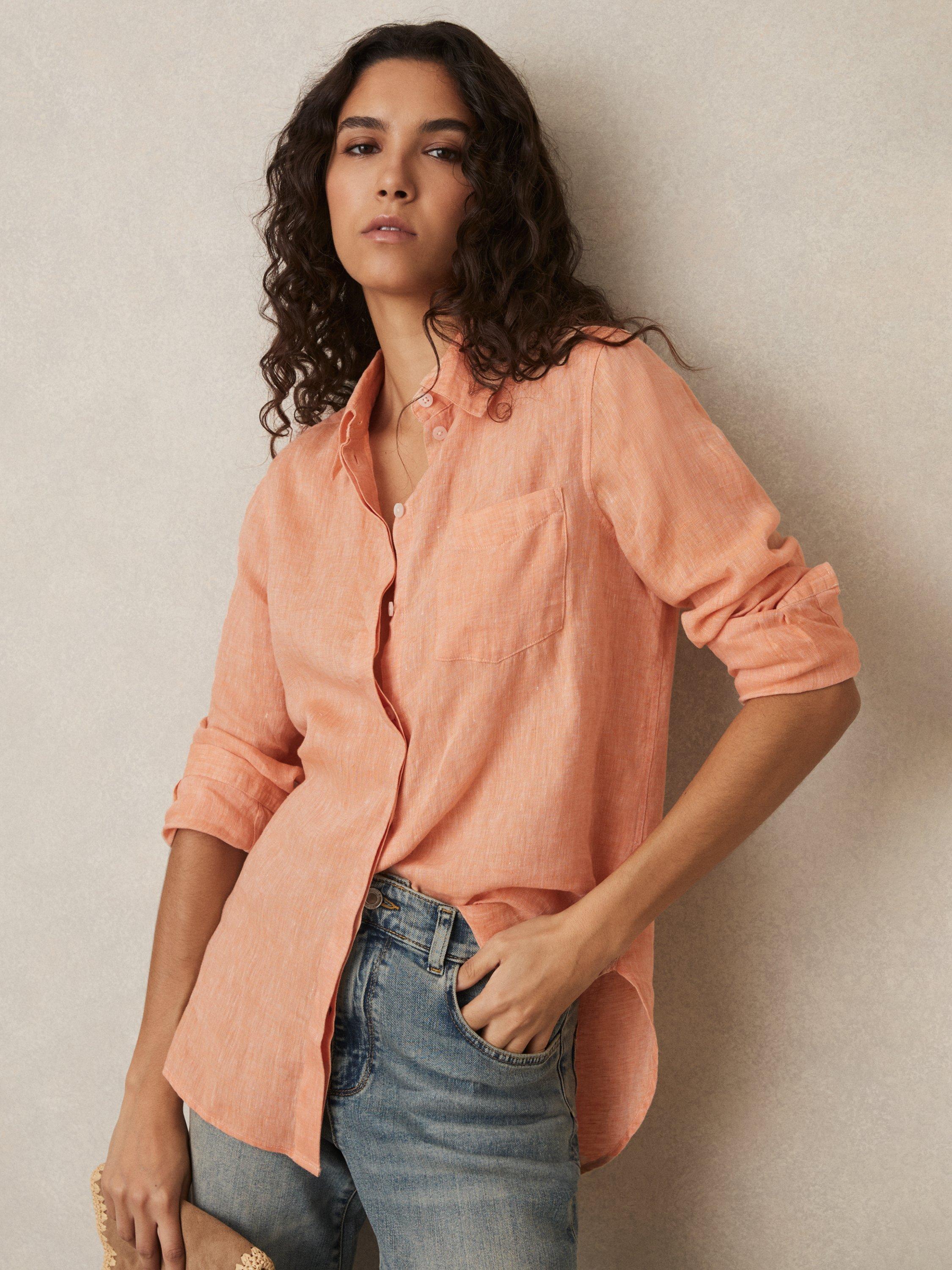 Product image 1 of 5, which shows Reiss Belle Long Sleeve Pure Linen Shirt, Orange, 10