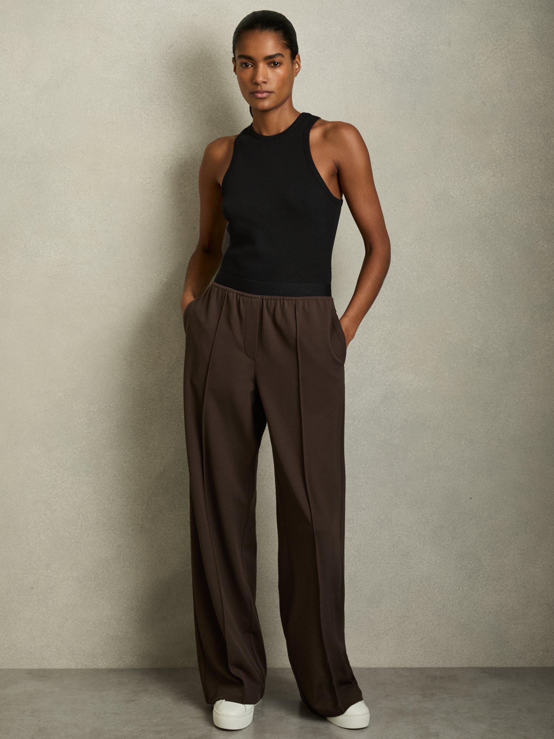 Product image 1 of 5, which shows Reiss Petite Lucia Contrast Waist Wide Leg Trousers, Chocolate Brown, 6Pt