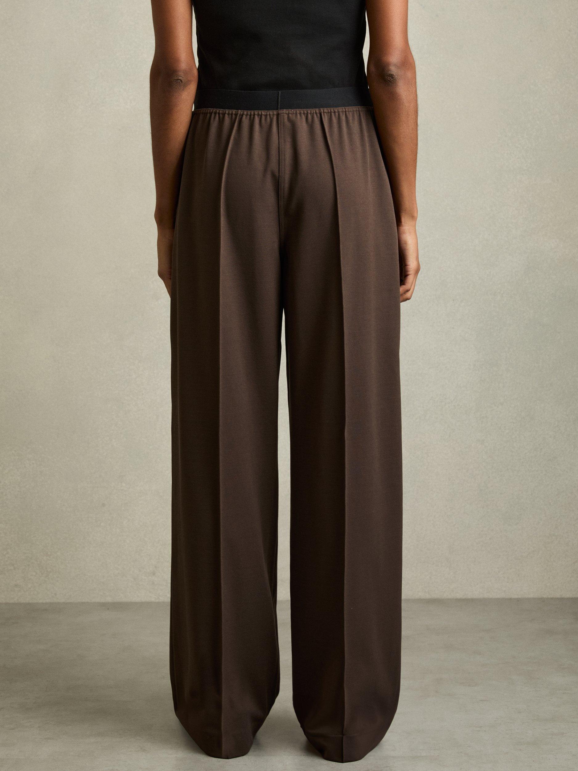 Product image 2 of 5, which shows Reiss Petite Lucia Contrast Waist Wide Leg Trousers, Chocolate Brown, 6Pt