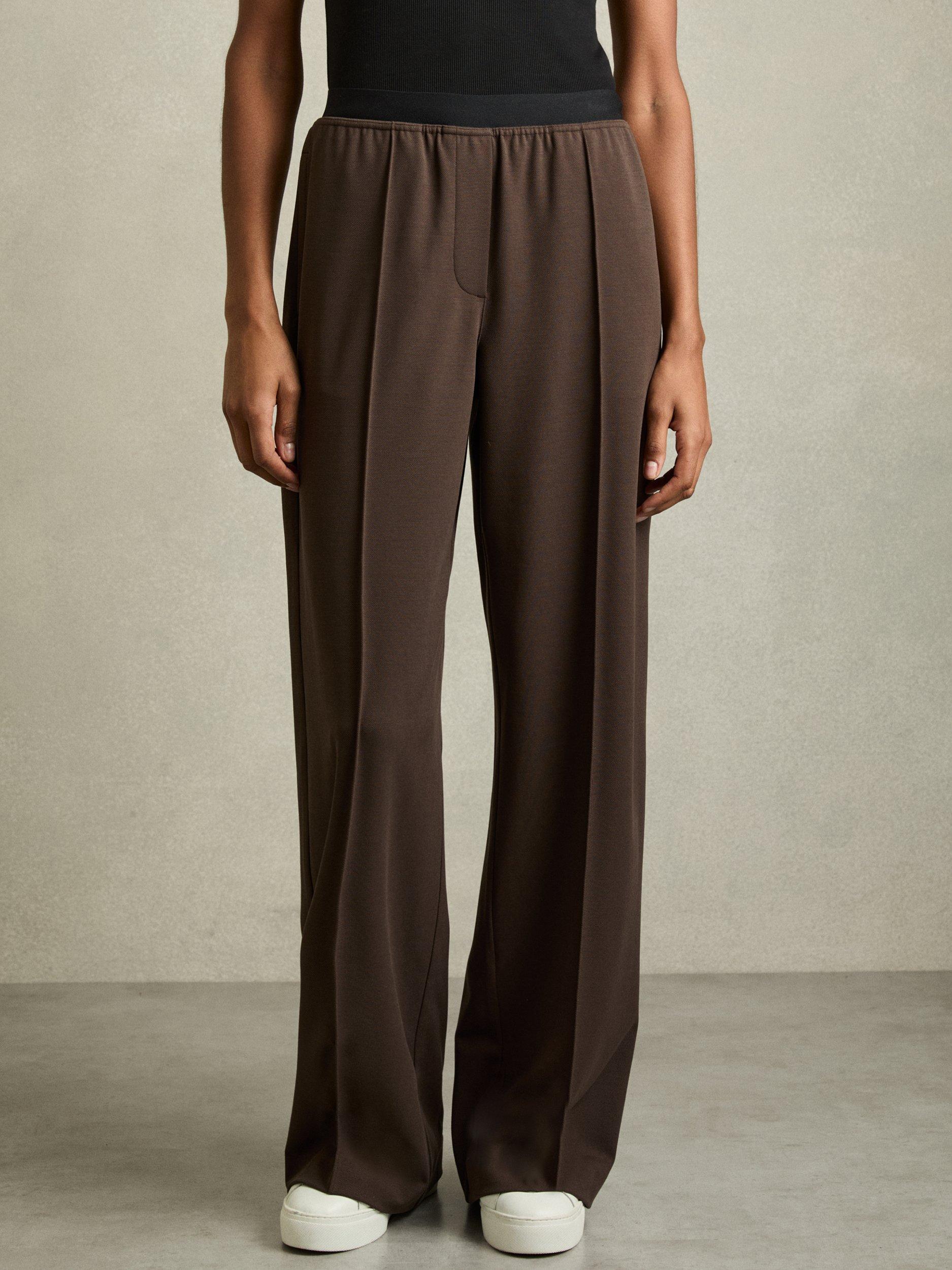 Product image 4 of 5, which shows Reiss Petite Lucia Contrast Waist Wide Leg Trousers, Chocolate Brown, 6Pt