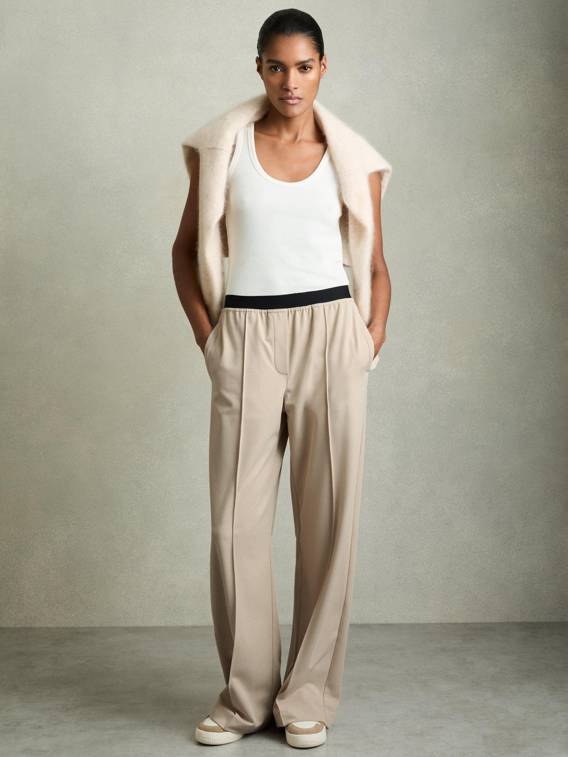 Product image 1 of 5, which shows Reiss Petite Lucia Contrast Waist Wide Leg Trousers, Stone, 6Pt