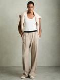Reiss Petite Lucia Contrast Waist Wide Leg Trousers, Stone