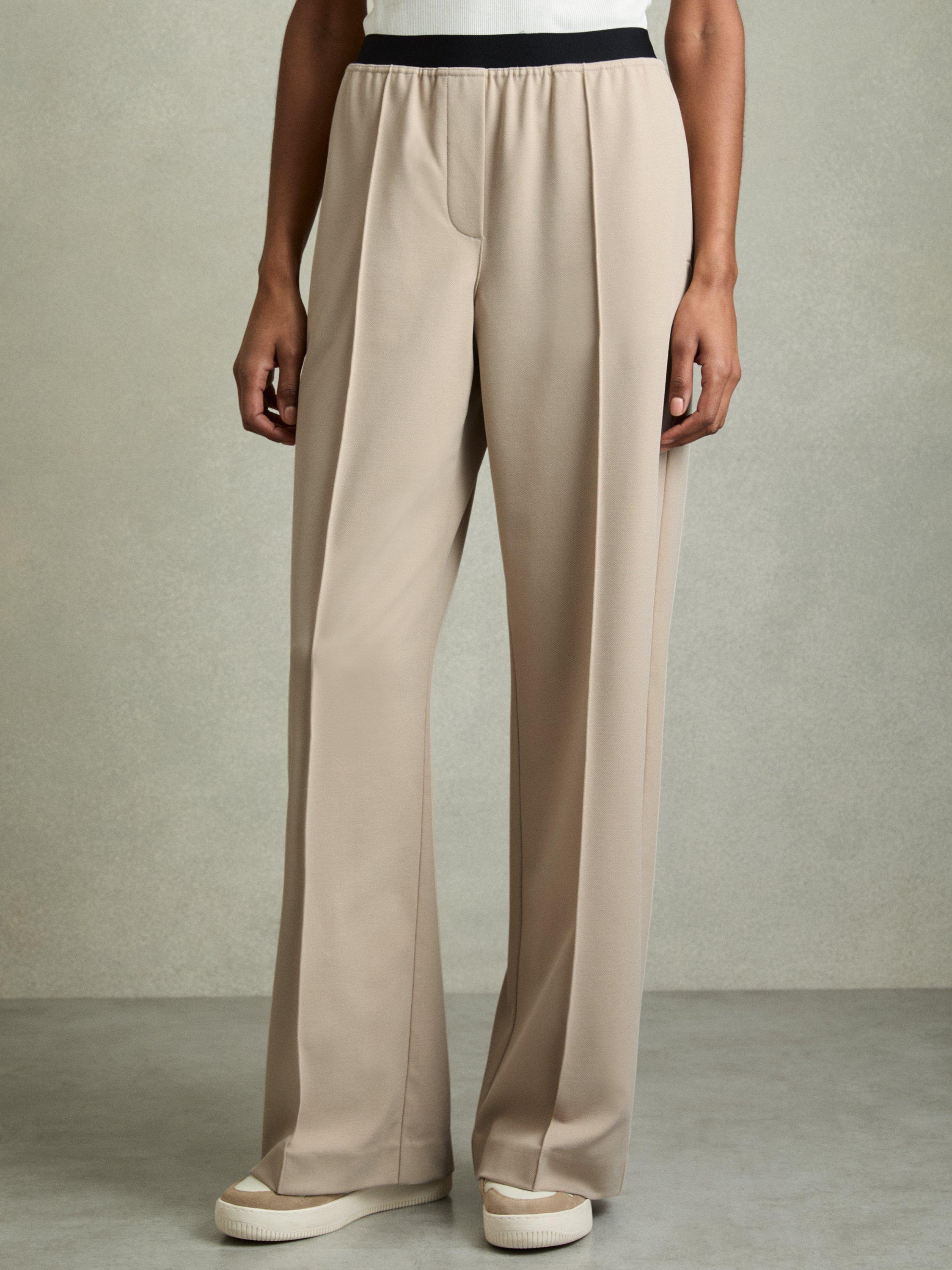 Product image 4 of 5, which shows Reiss Petite Lucia Contrast Waist Wide Leg Trousers, Stone, 6Pt
