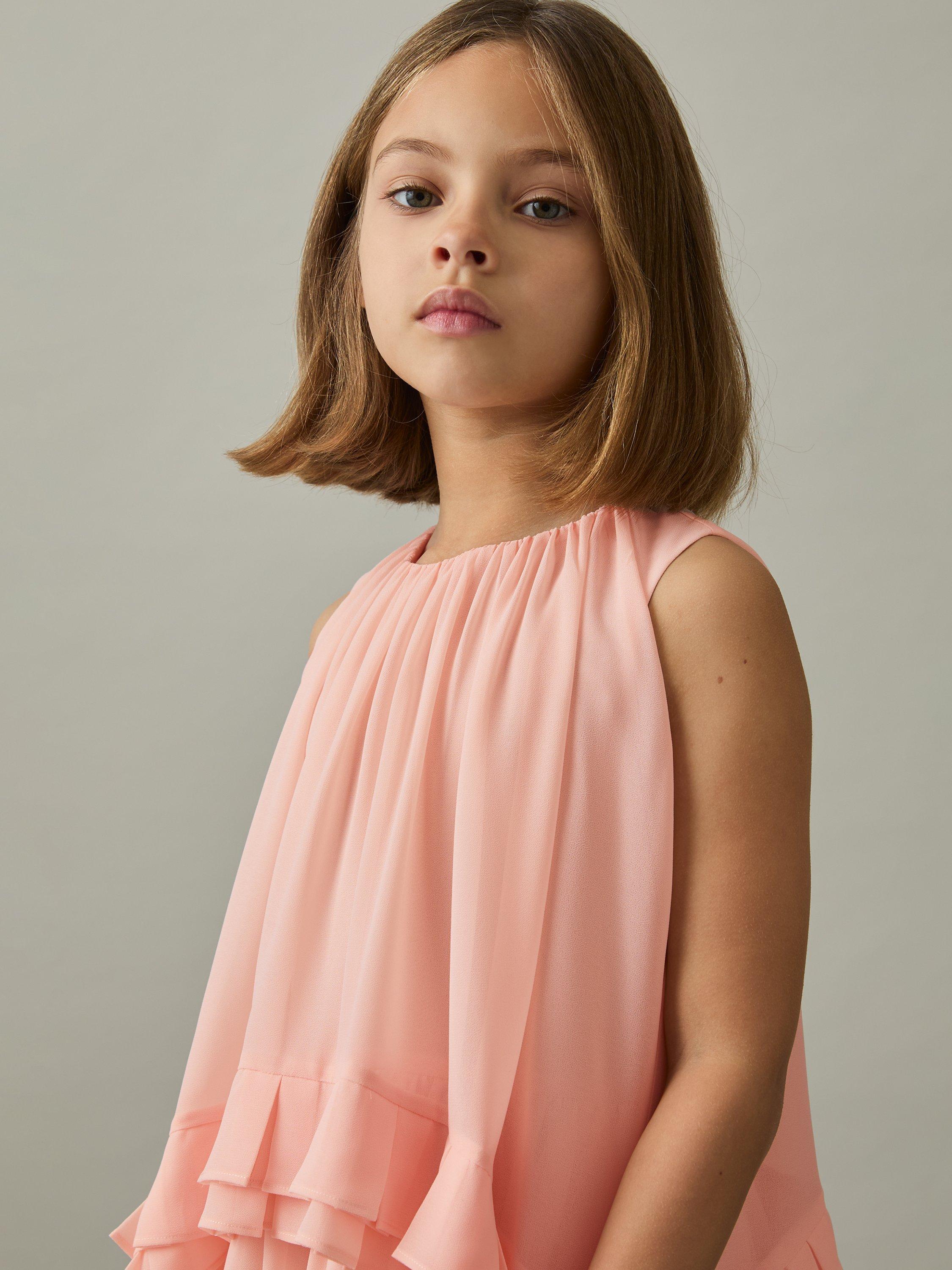 Product image 3 of 4, which shows Reiss Kids' Luni Chiffon Ruffle Trim Dress, Pink, 4-5 years