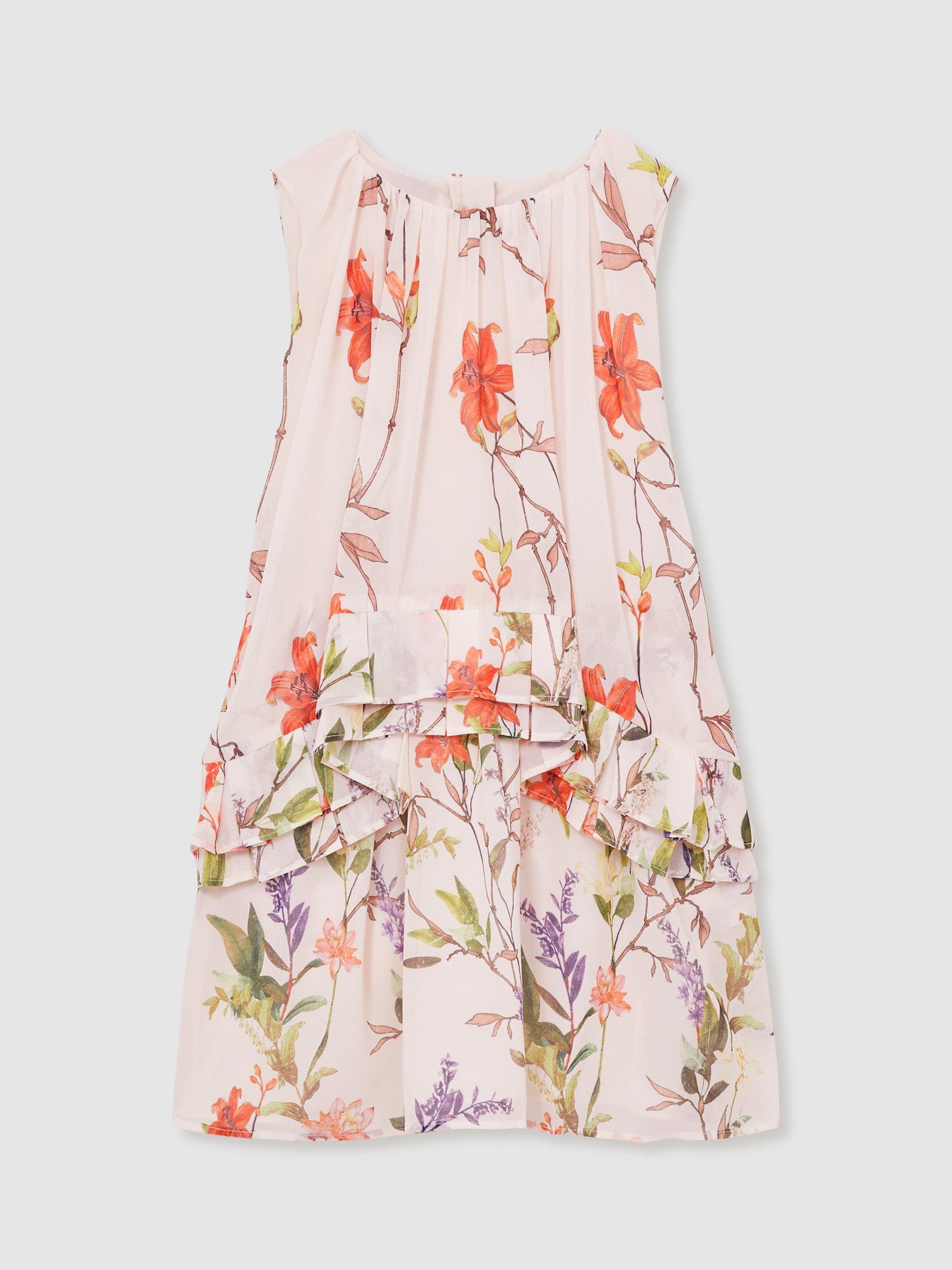 Product image 1 of 4, which shows Reiss Kids' Luni Chiffon Ruffle Trim Dress, Pink Print, 5-6 years