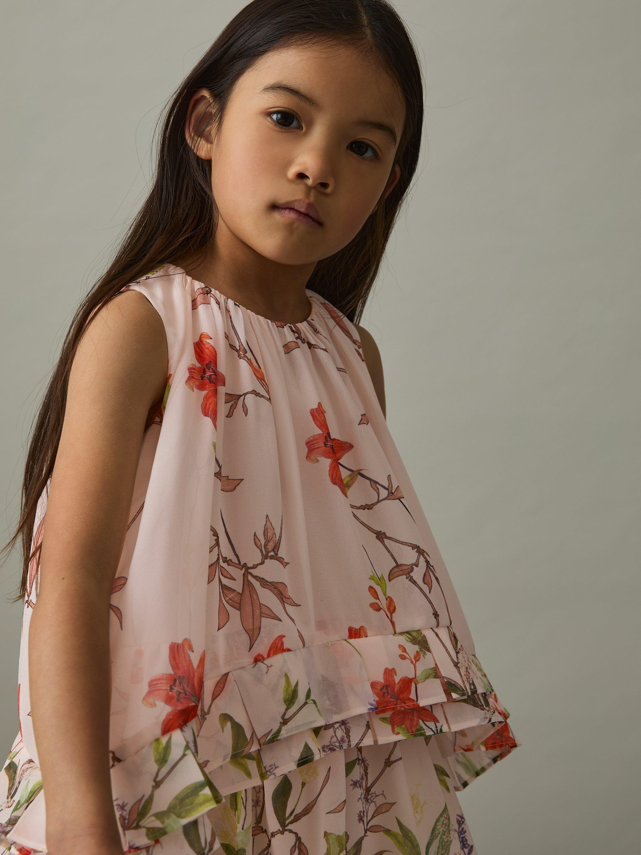 Product image 3 of 4, which shows Reiss Kids' Luni Chiffon Ruffle Trim Dress, Pink Print, 5-6 years