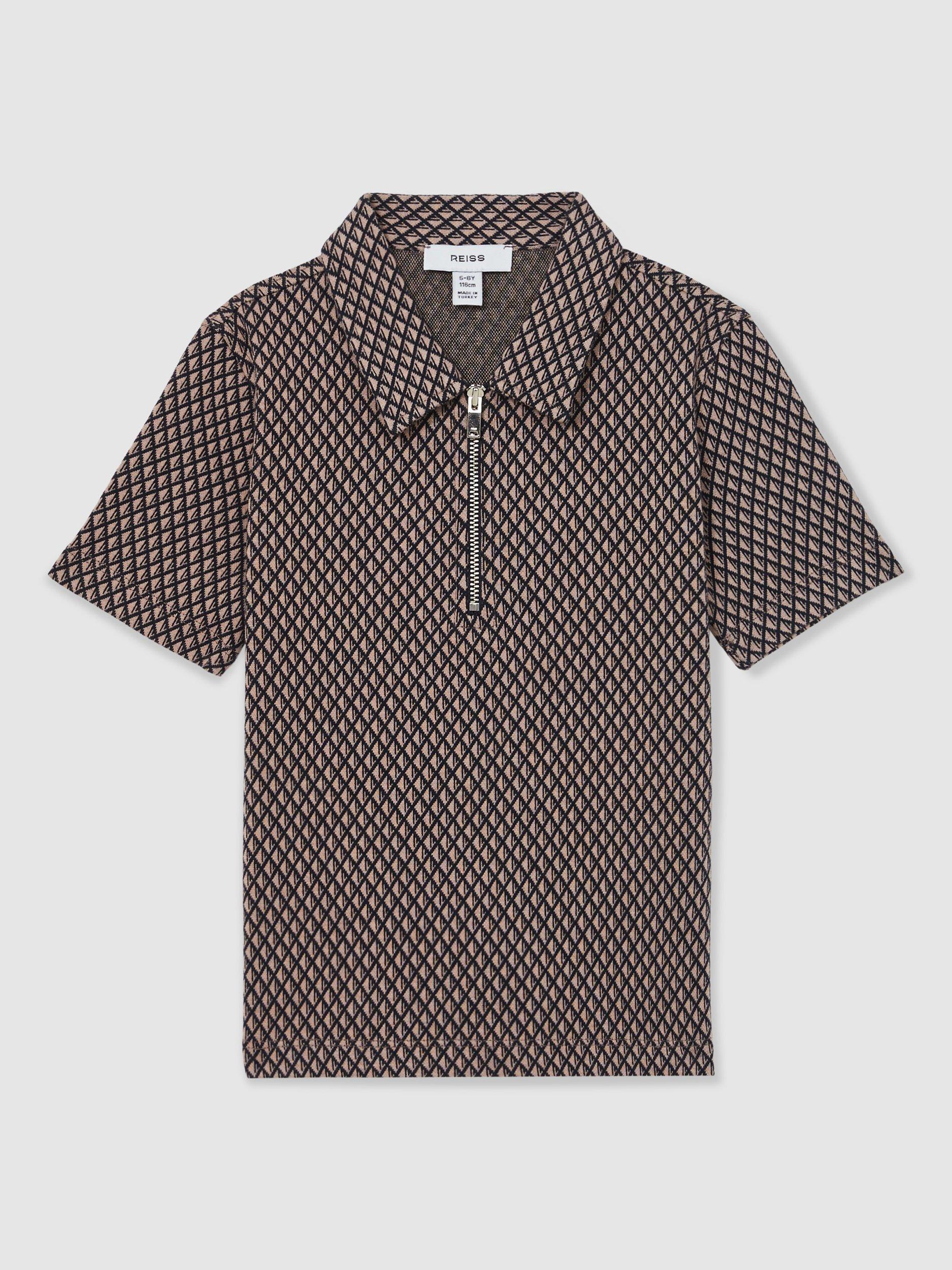 Product image 1 of 4, which shows Reiss Kids' Baines Geometric Quarter Zip Polo Shirt, Tobacco Brown/Navy, 4-5 years