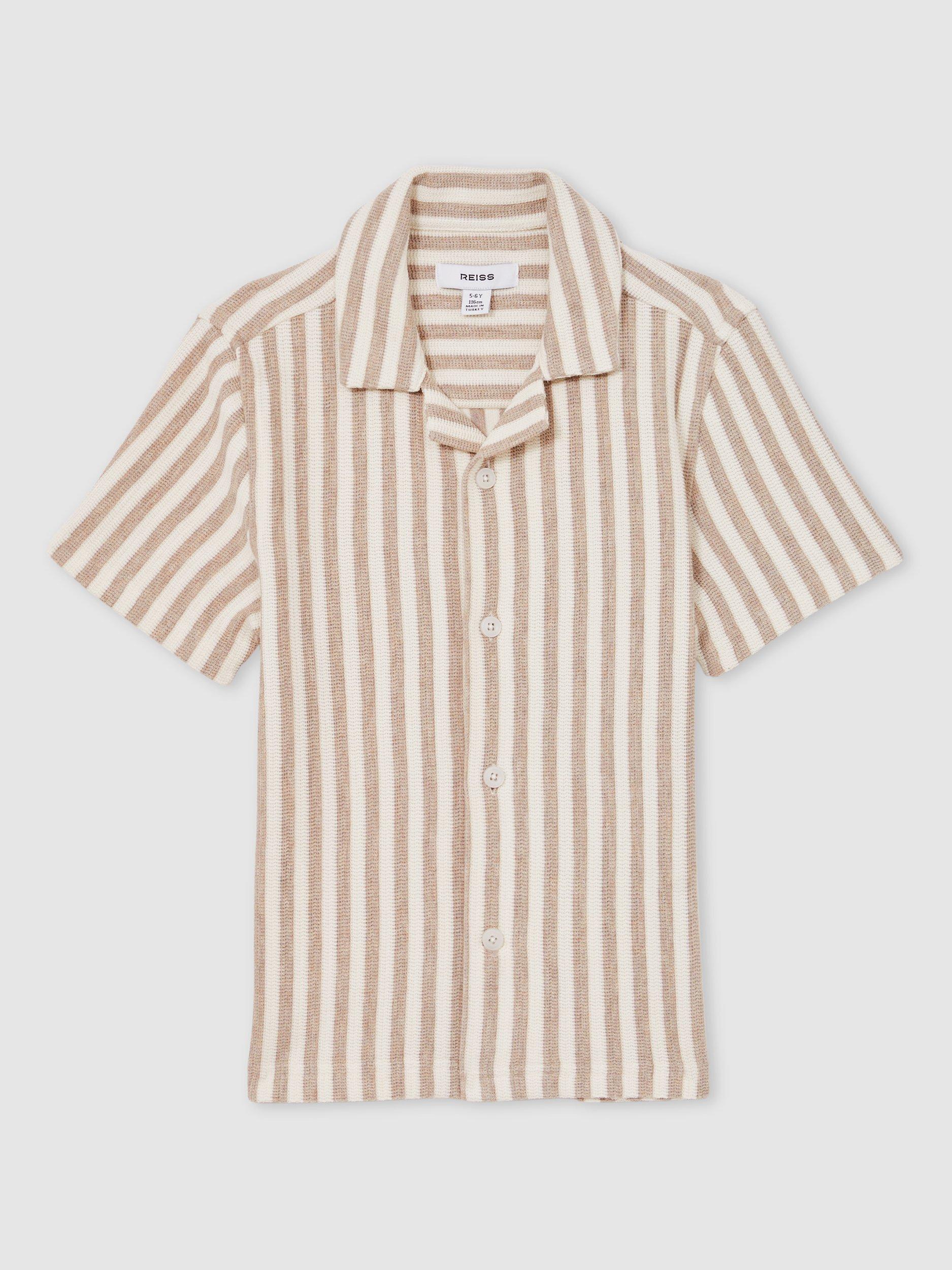 Product image 1 of 4, which shows Reiss Kids' Trig Stripe Short Sleeve Shirt, Stone/White, 6-7 years