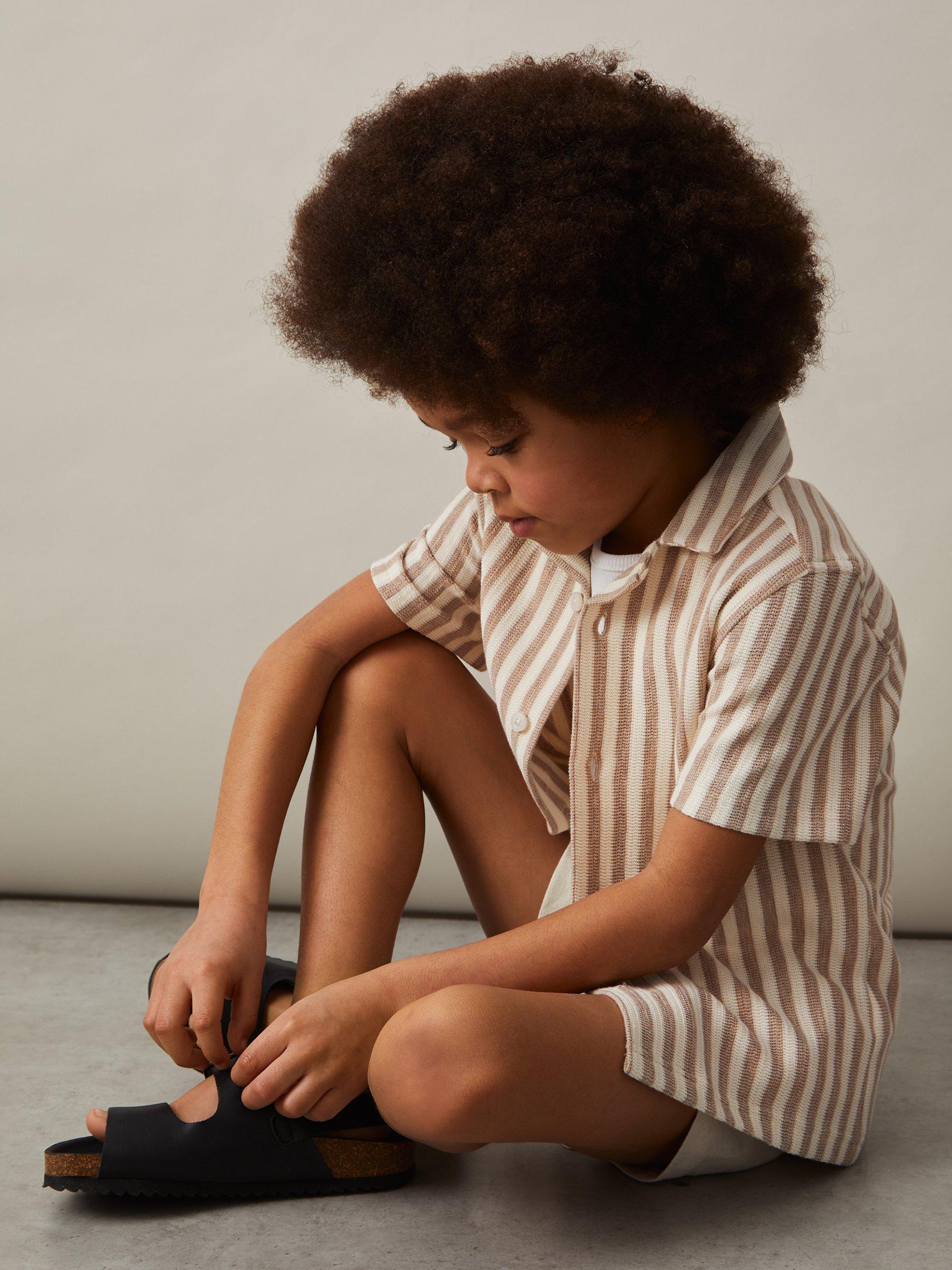 Product image 2 of 4, which shows Reiss Kids' Trig Stripe Short Sleeve Shirt, Stone/White, 6-7 years
