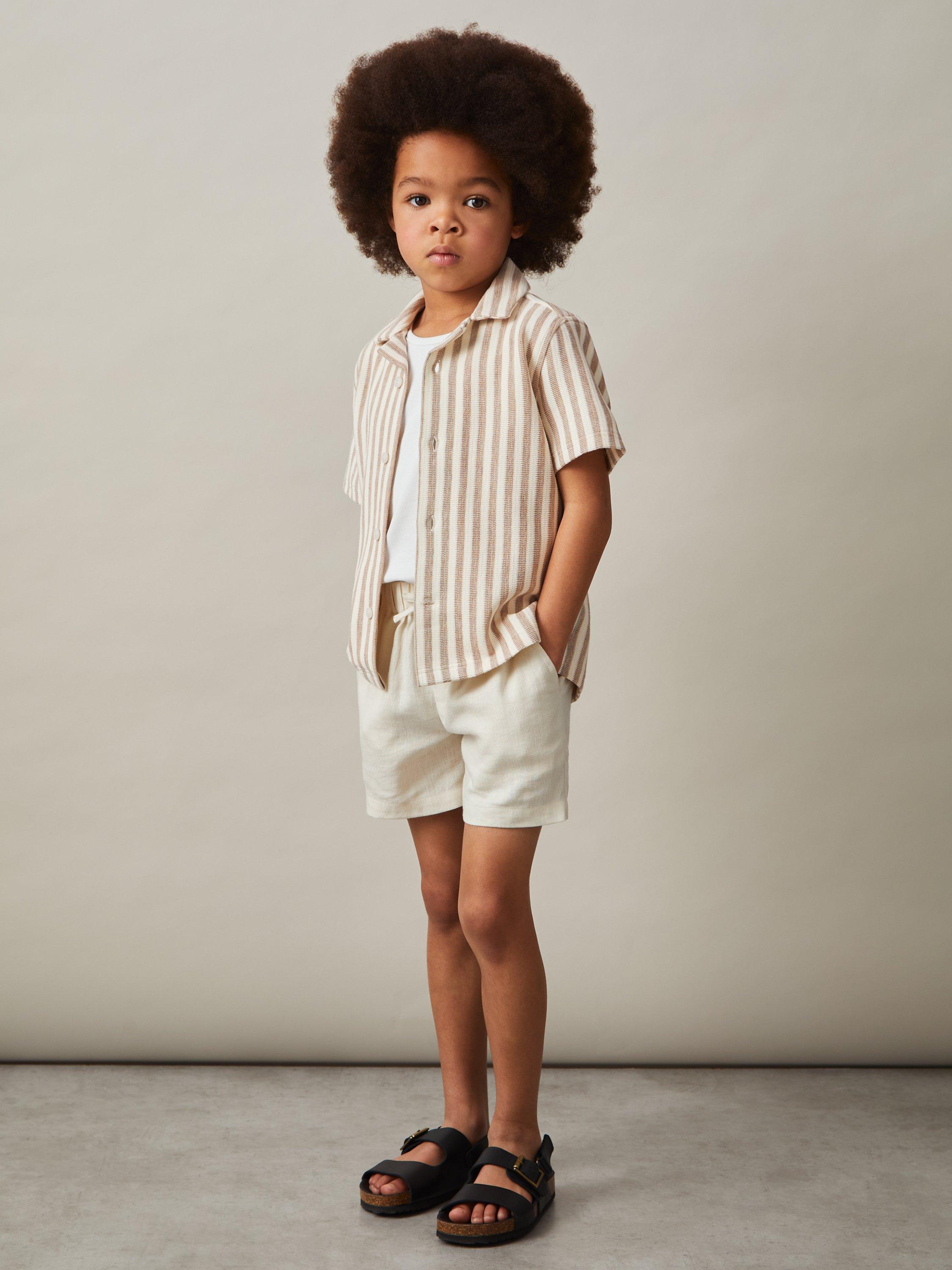 Product image 3 of 4, which shows Reiss Kids' Trig Stripe Short Sleeve Shirt, Stone/White, 6-7 years