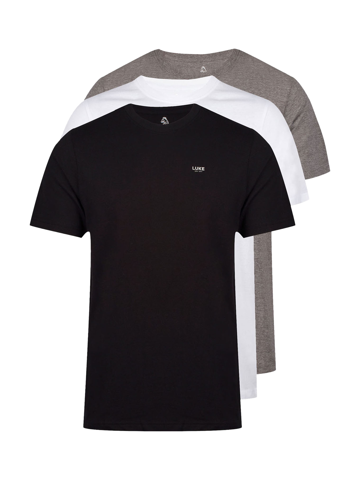 Product image 1 of 7, which shows LUKE 1977 Magic Cotton Regular Fit Short Sleeve T-Shirt, Pack of 3, Black/Grey/White, XS