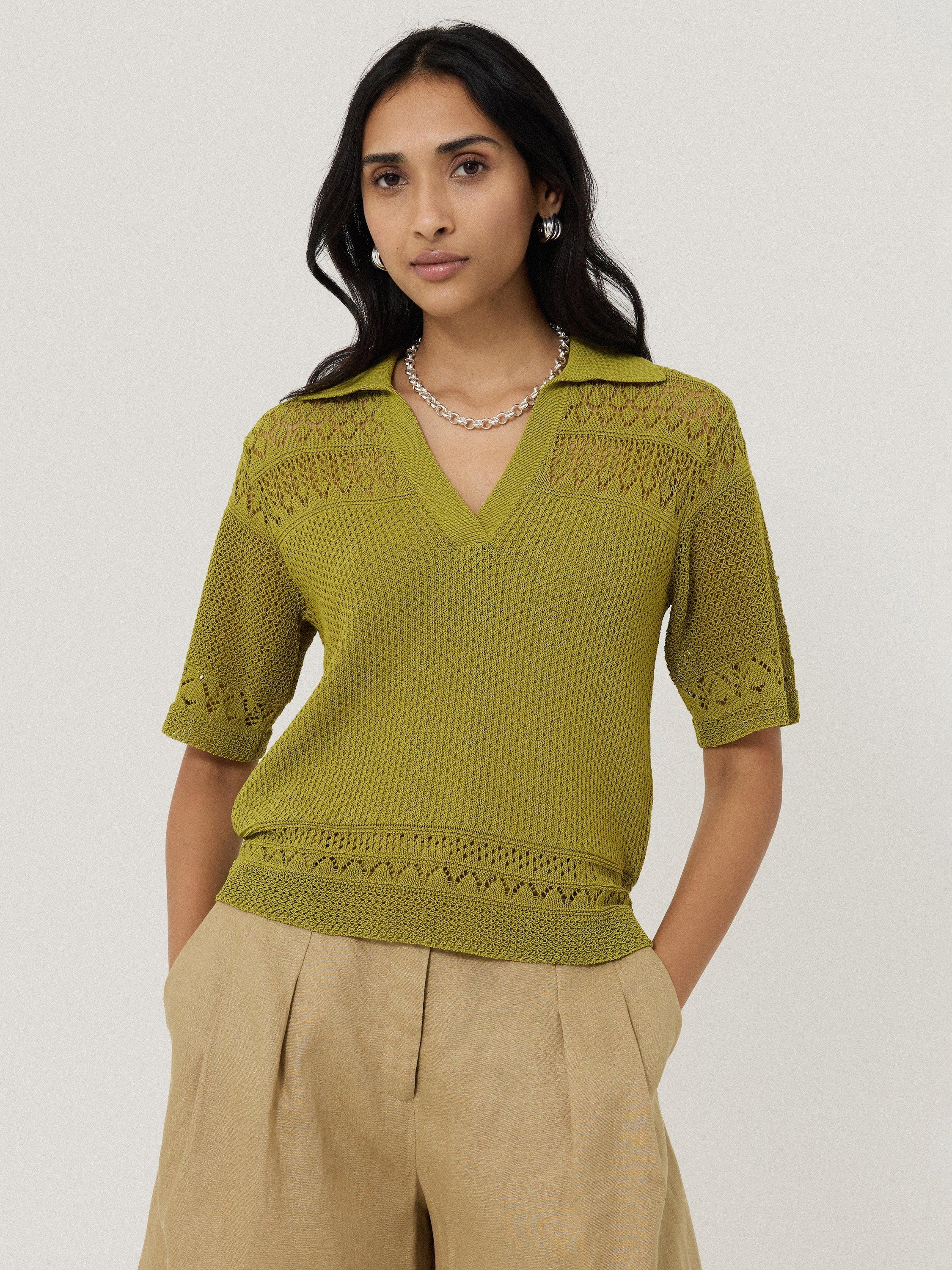 Product image 1 of 7, which shows Jigsaw Pointelle Knit Polo Shirt, Green, XS