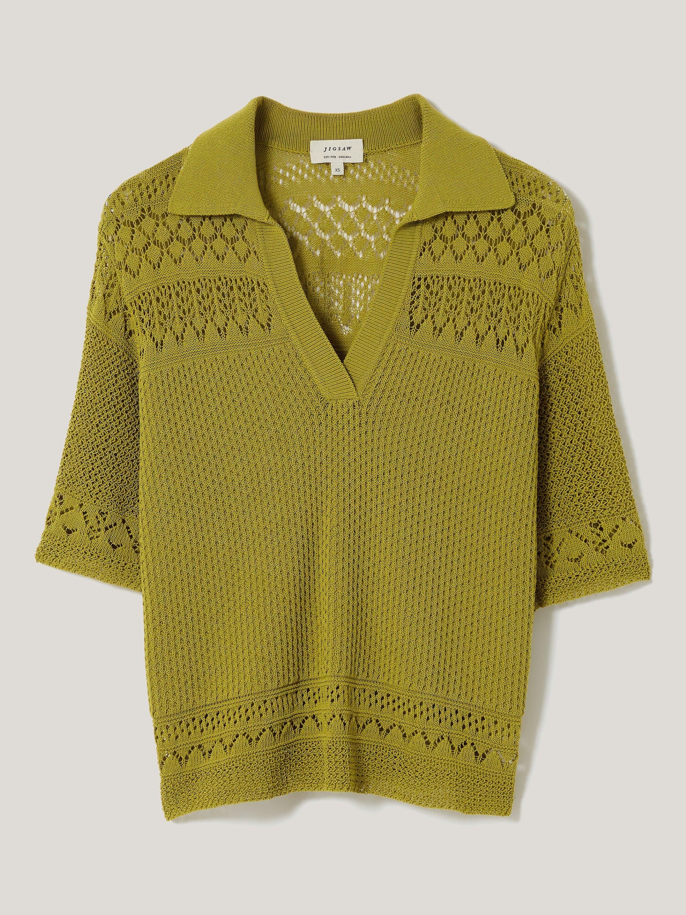 Product image 5 of 7, which shows Jigsaw Pointelle Knit Polo Shirt, Green, XS