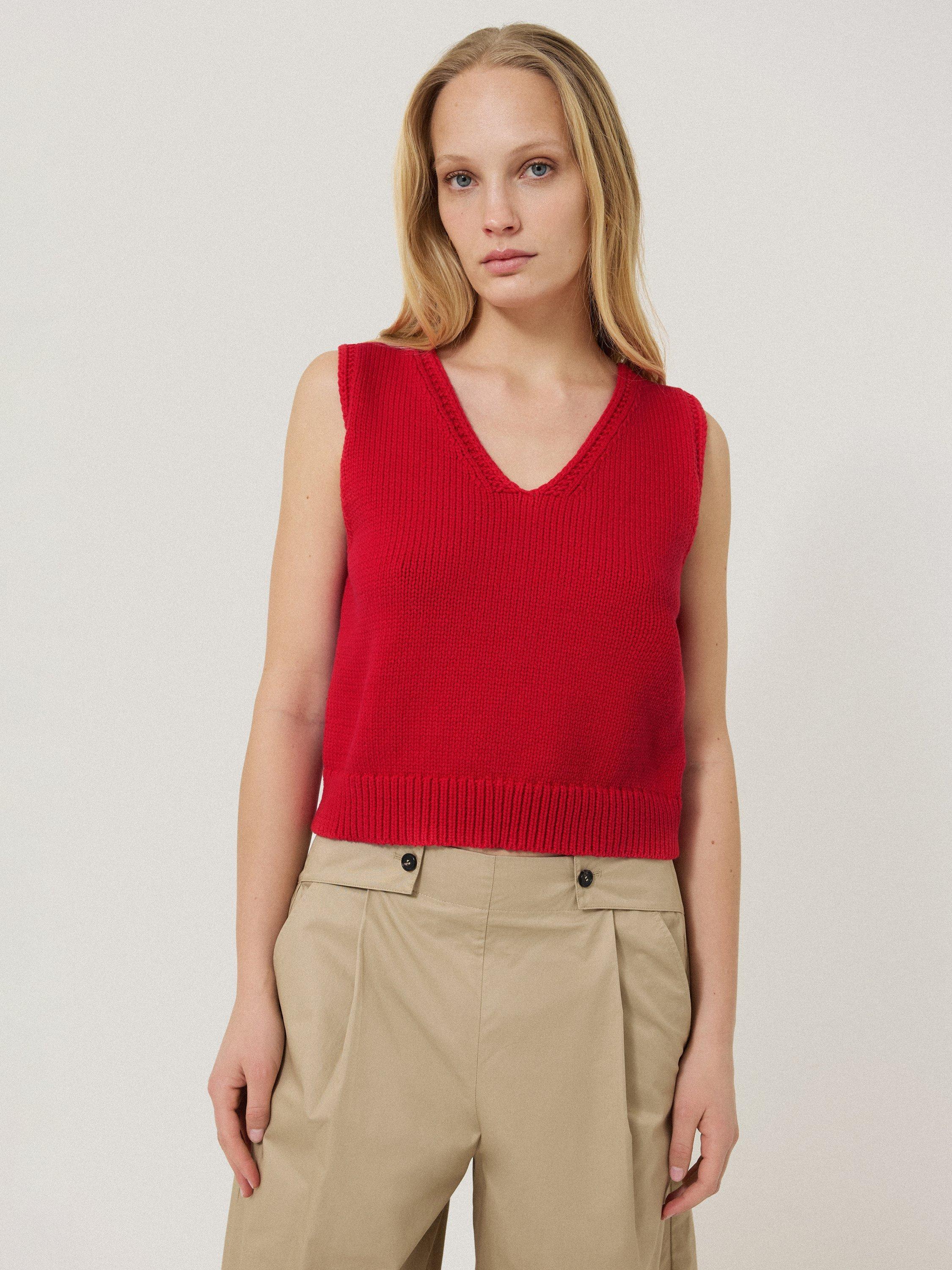 Product image 1 of 6, which shows Jigsaw Chunky Cotton Blend V-Neck Tank, Red, S