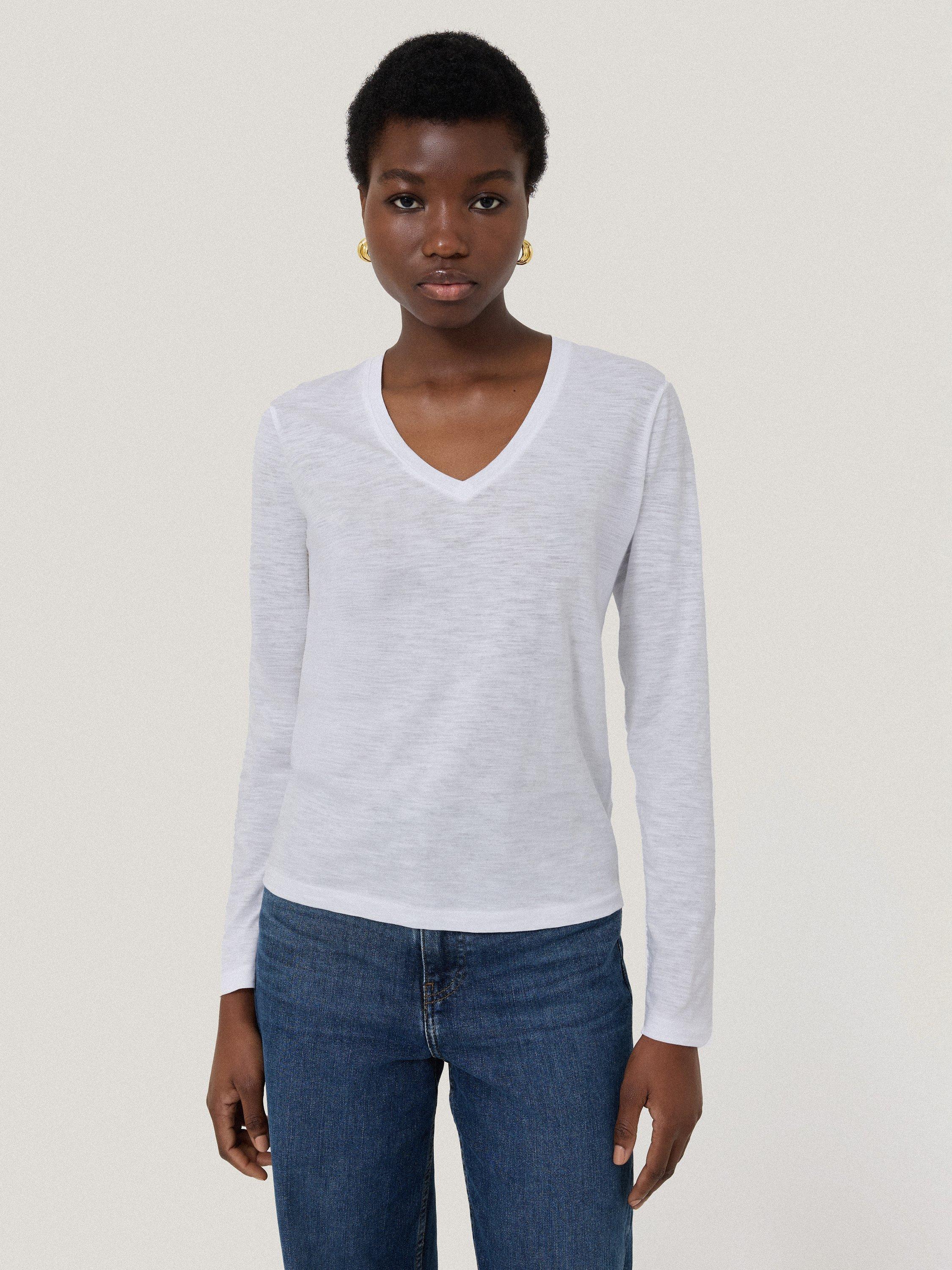 Product image 1 of 5, which shows Jigsaw Cotton Slub V Neck Long Sleeve T-Shirt, White, XS