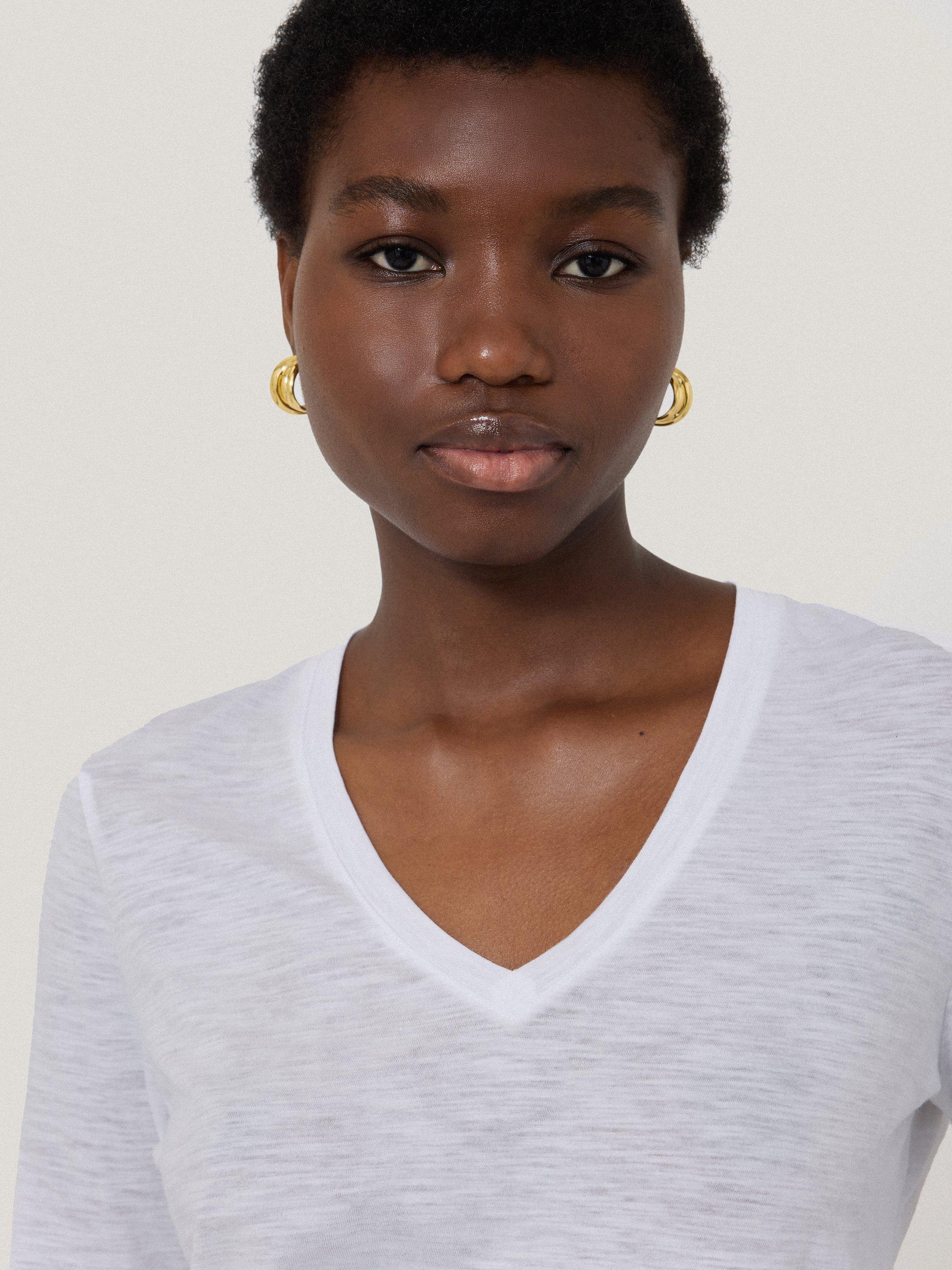 Product image 3 of 5, which shows Jigsaw Cotton Slub V Neck Long Sleeve T-Shirt, White, XS