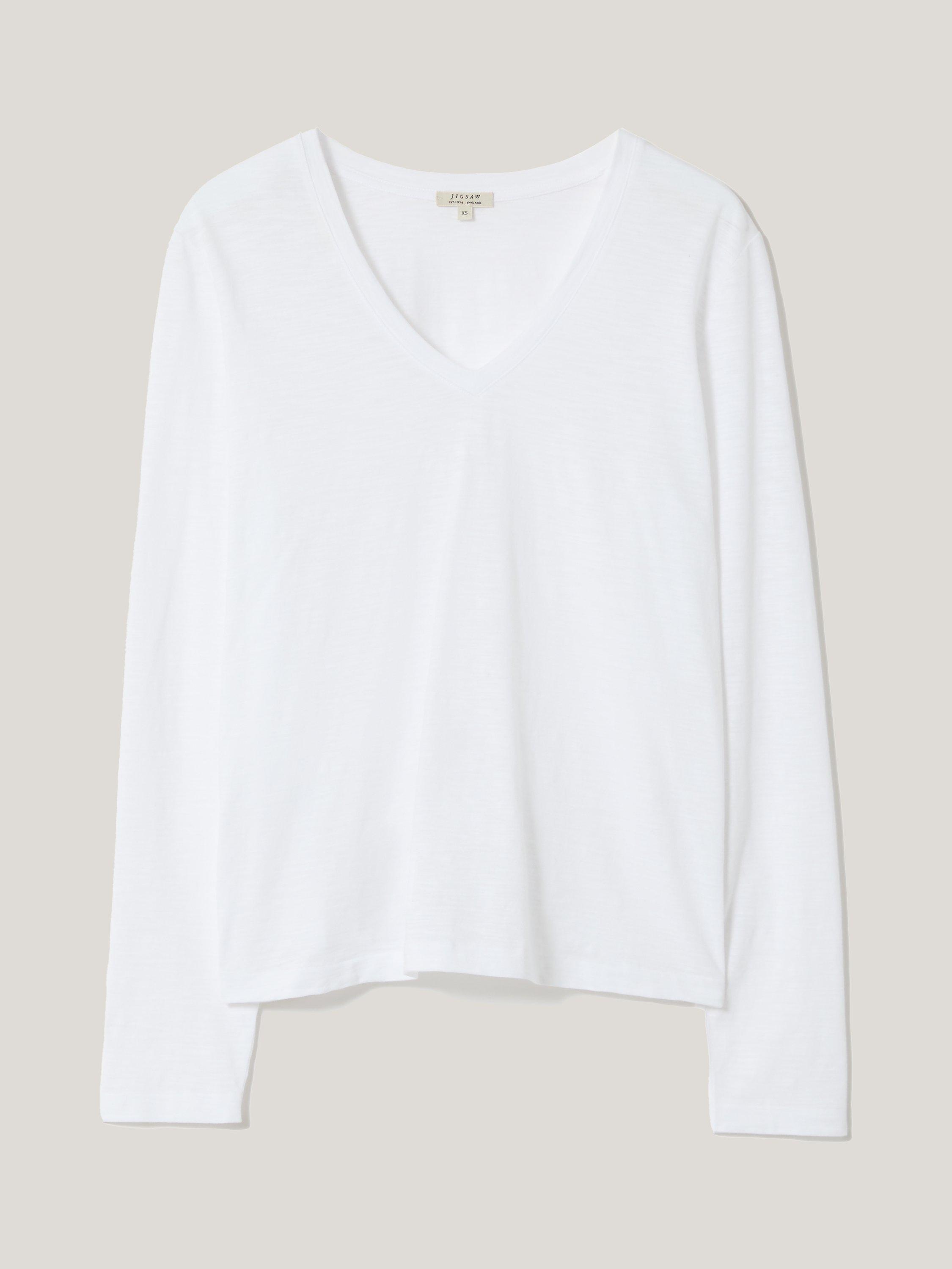 Product image 5 of 5, which shows Jigsaw Cotton Slub V Neck Long Sleeve T-Shirt, White, XS