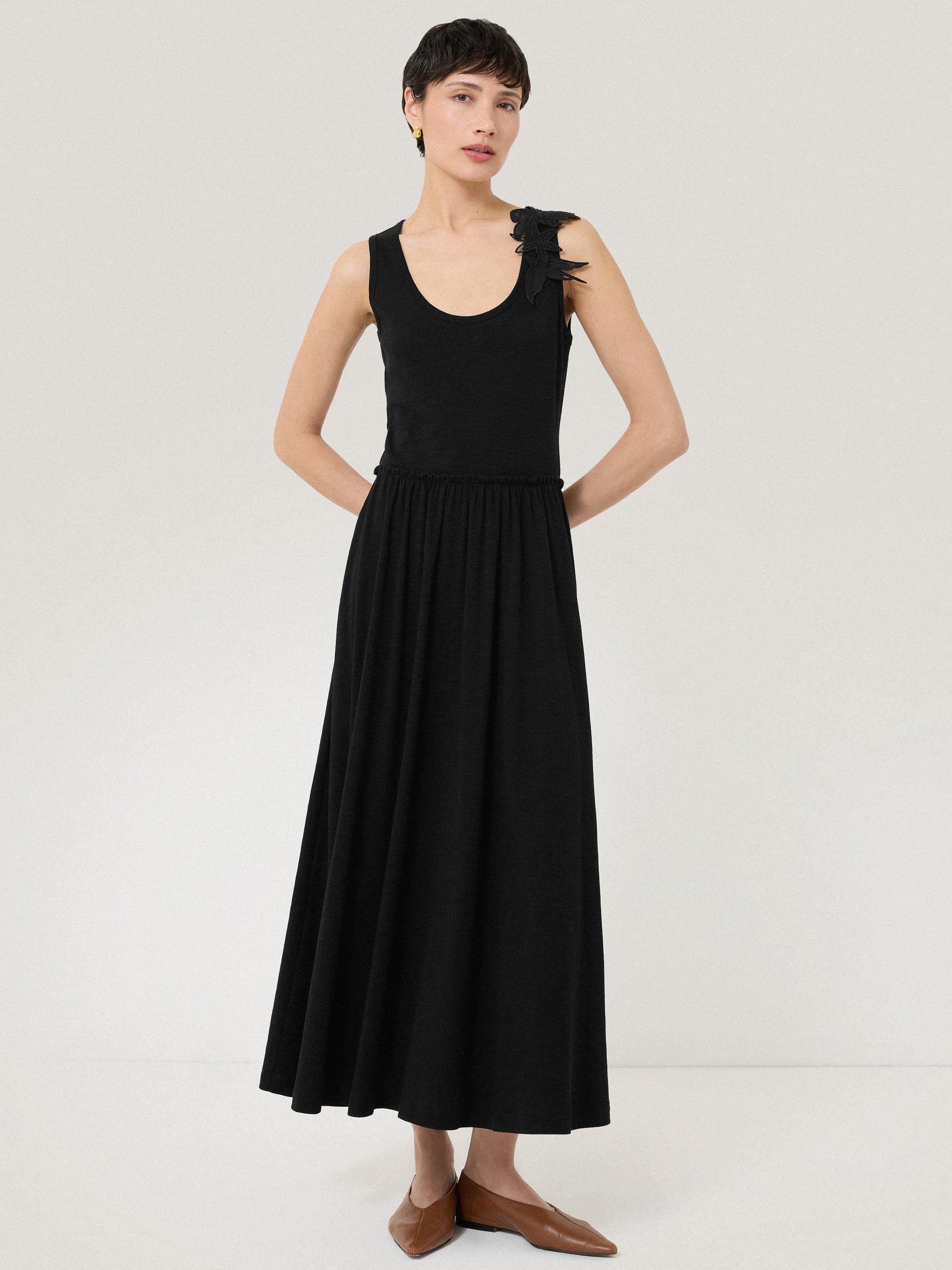 Product image 1 of 6, which shows Jigsaw Floral Applique Jersey Midi Dress, Black, XS