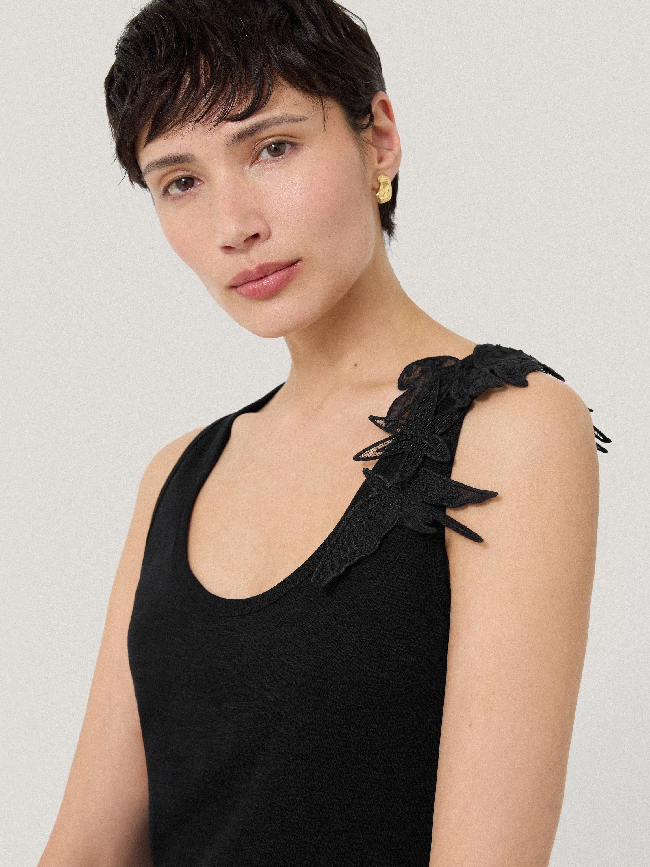 Product image 3 of 6, which shows Jigsaw Floral Applique Jersey Midi Dress, Black, XS
