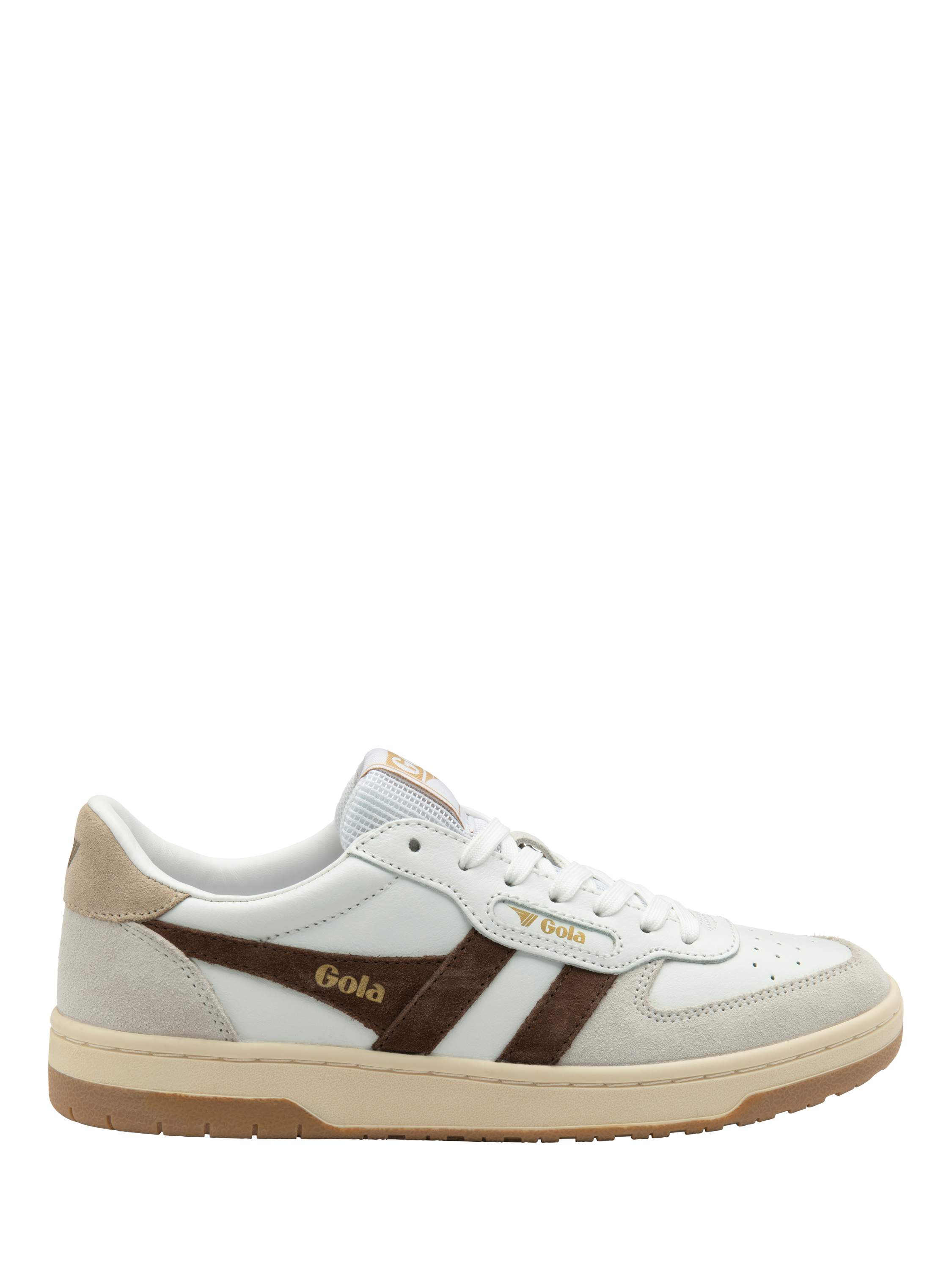 Product image 1 of 5, which shows Gola Hawk Leather Lace Up Trainers, White/Brown/Multi, 5