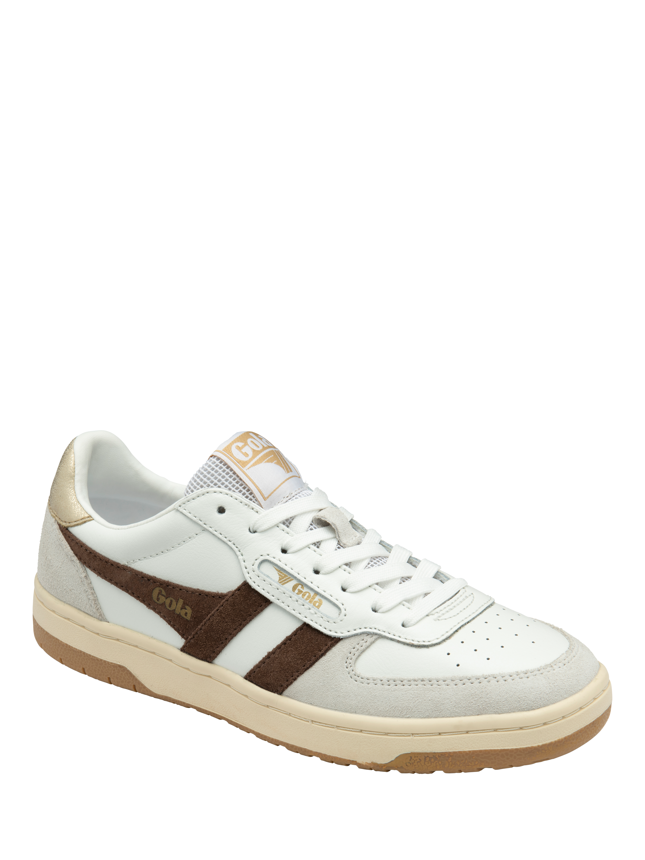 Product image 2 of 5, which shows Gola Hawk Leather Lace Up Trainers, White/Brown/Multi, 5