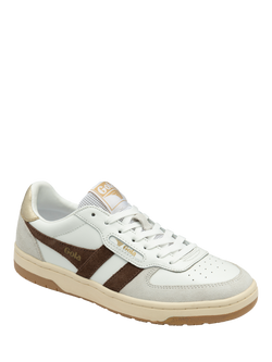 Gola Hawk Leather Lace Up Trainers, White/Brown/Multi - view 2, White/Brown/Multi
