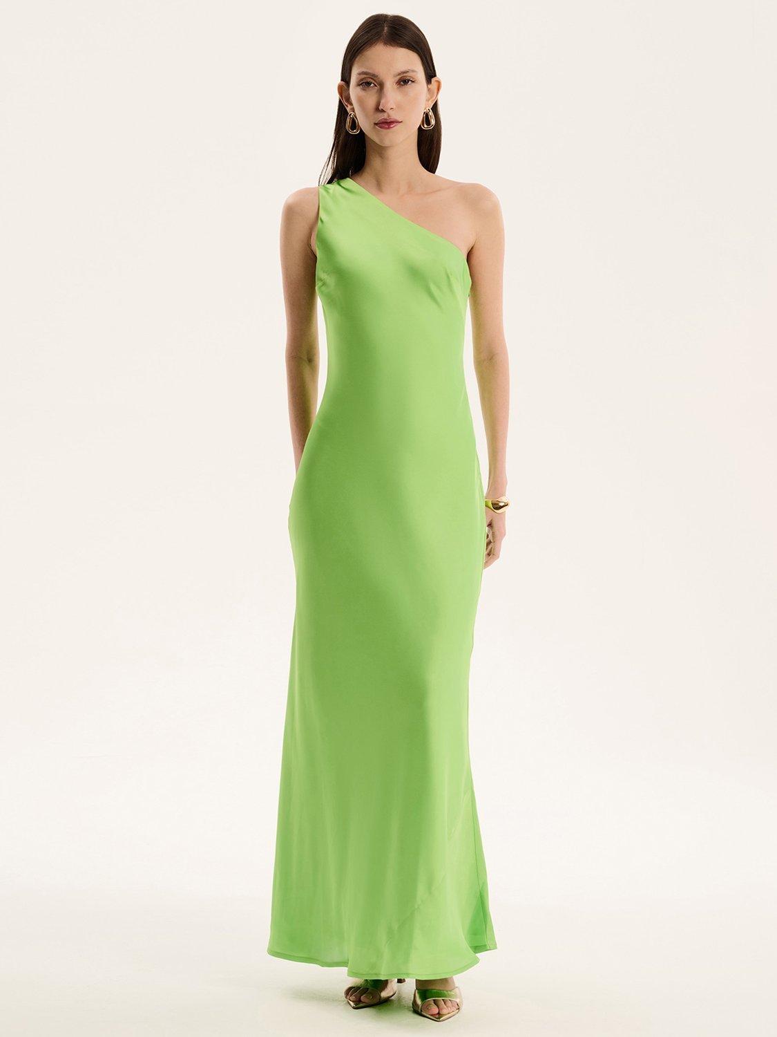 Product image 1 of 5, which shows OMNES Uma Asymmetric Satin Dress, Lime, 4