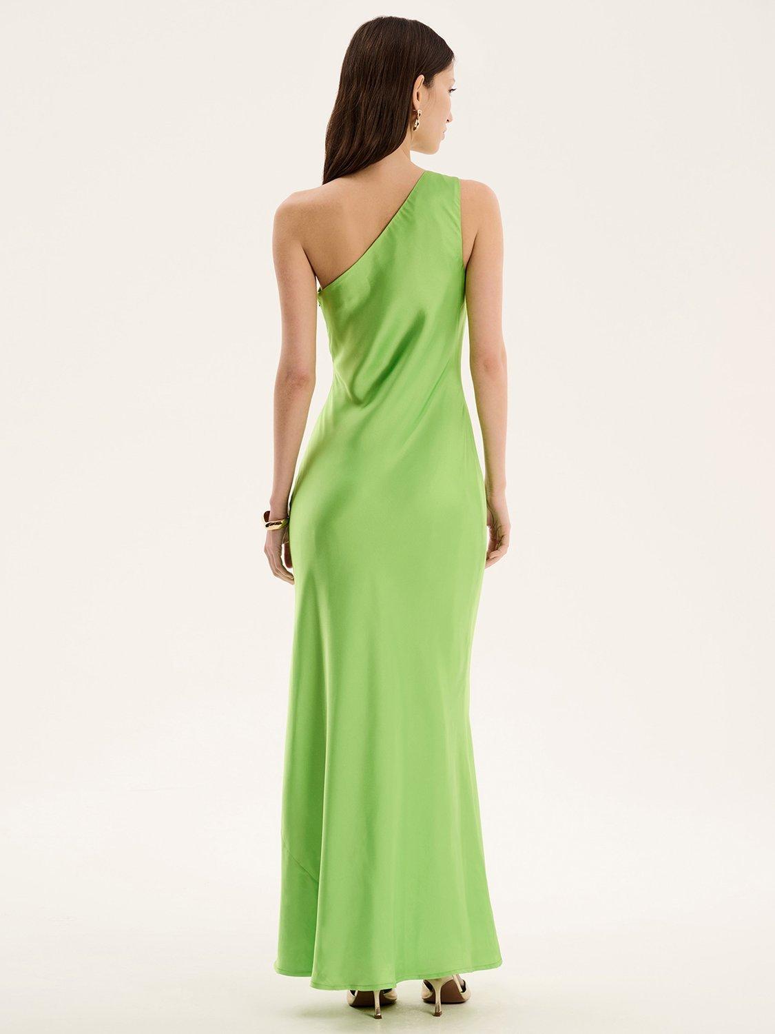 Product image 3 of 5, which shows OMNES Uma Asymmetric Satin Dress, Lime, 4