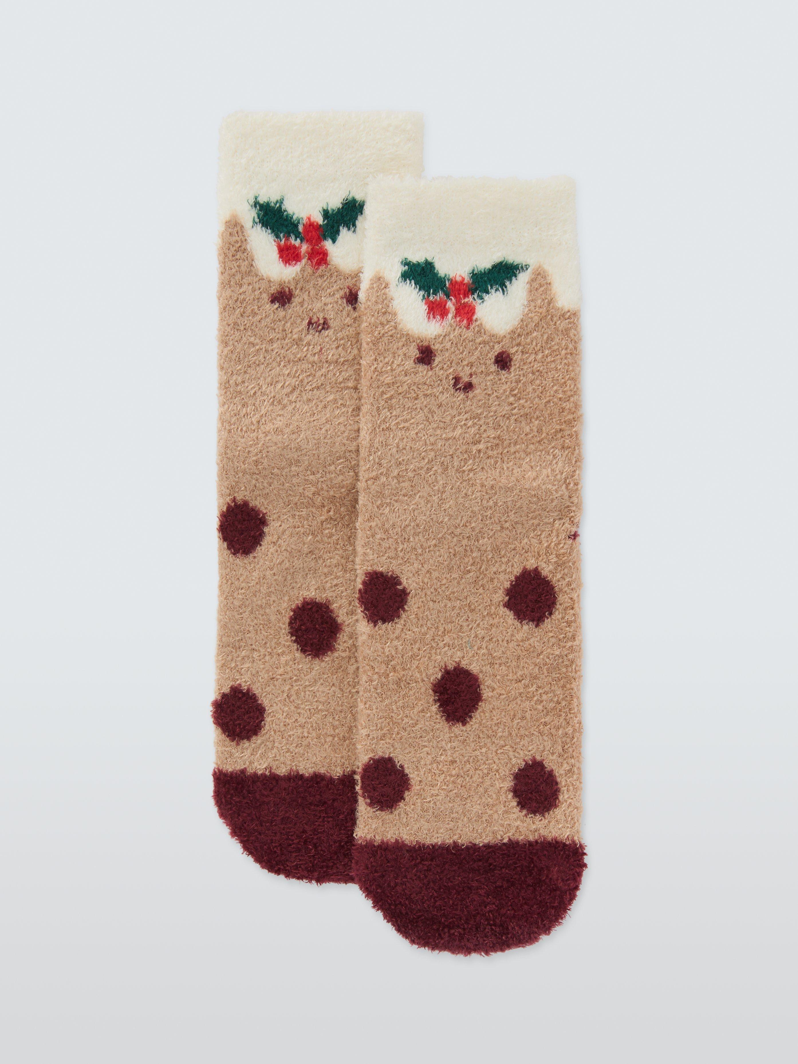 Product image 1 of 2, which shows John Lewis Kids' Fluffy Christmas Pudding Slipper Socks, Multi, 4-7