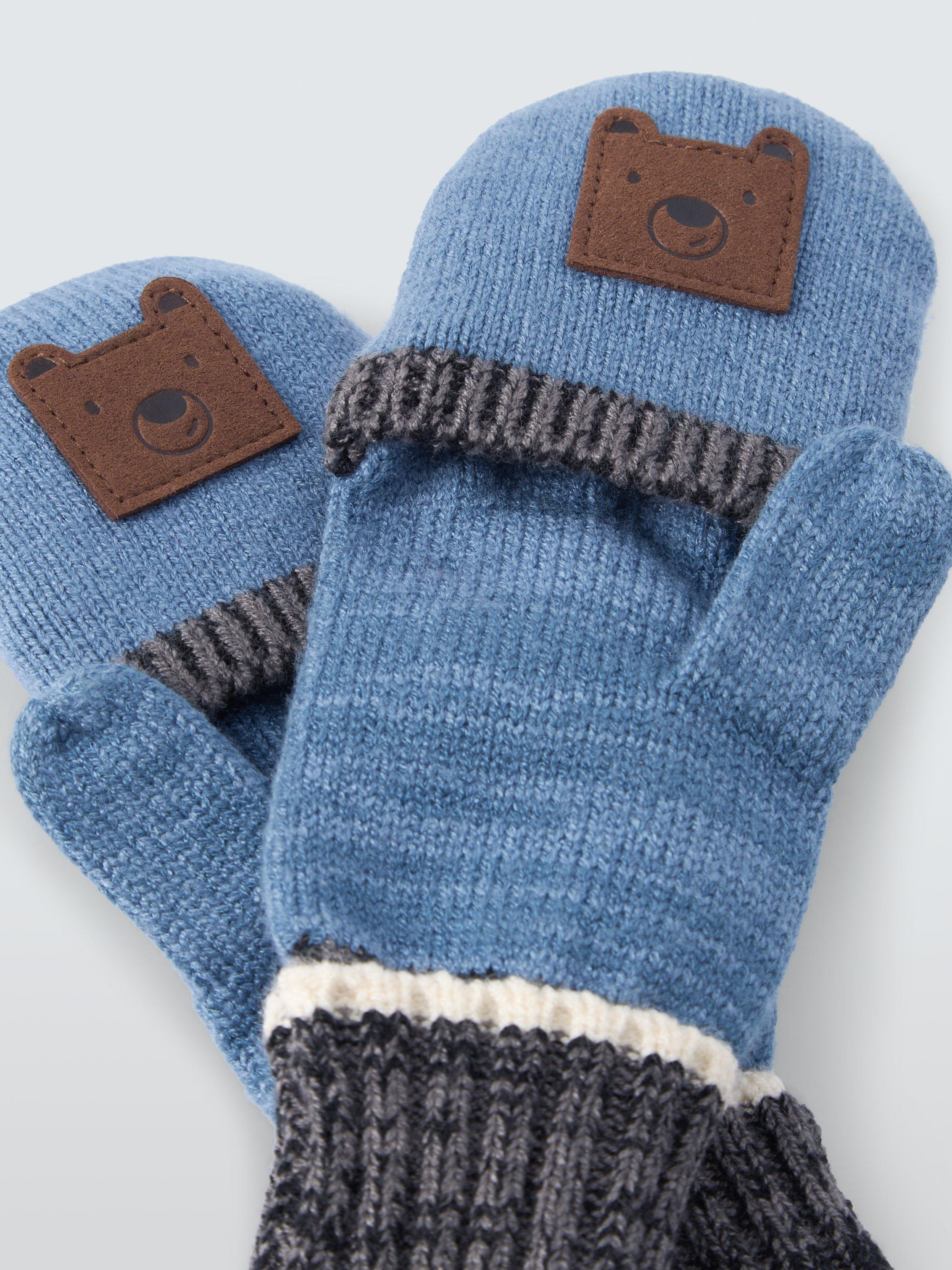 Product image 2 of 5, which shows John Lewis Kids' Bear Stripe Flip Top Gloves, Blue/Multi, 3-5 years