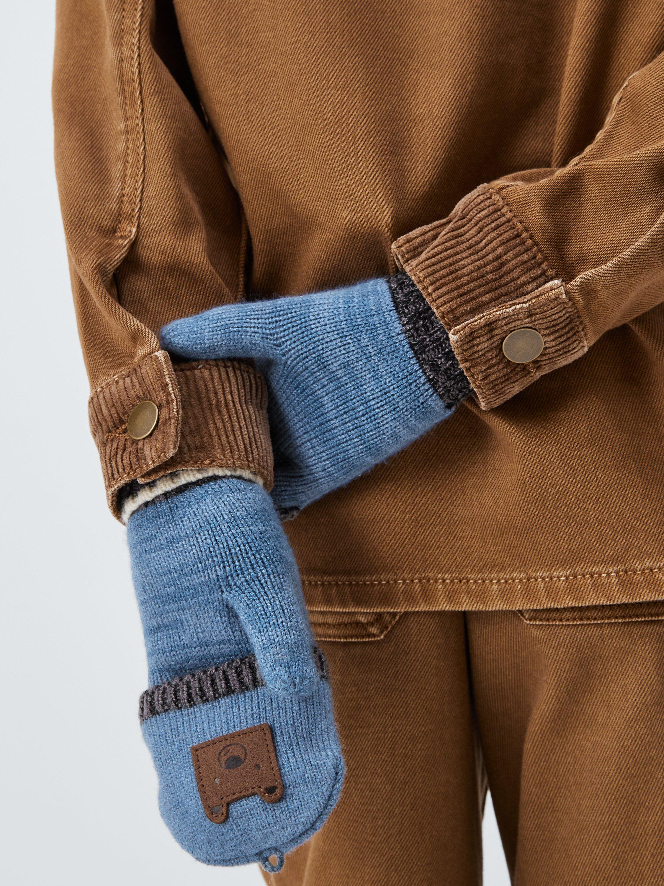 Product image 3 of 5, which shows John Lewis Kids' Bear Stripe Flip Top Gloves, Blue/Multi, 3-5 years