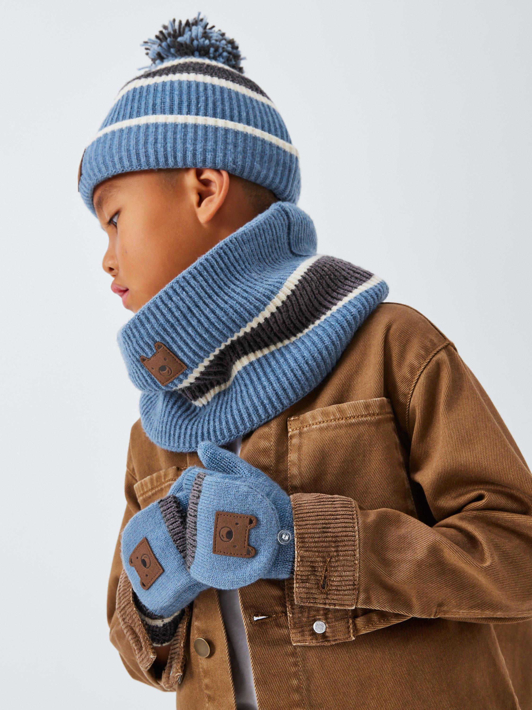 Product image 4 of 5, which shows John Lewis Kids' Bear Stripe Flip Top Gloves, Blue/Multi, 3-5 years