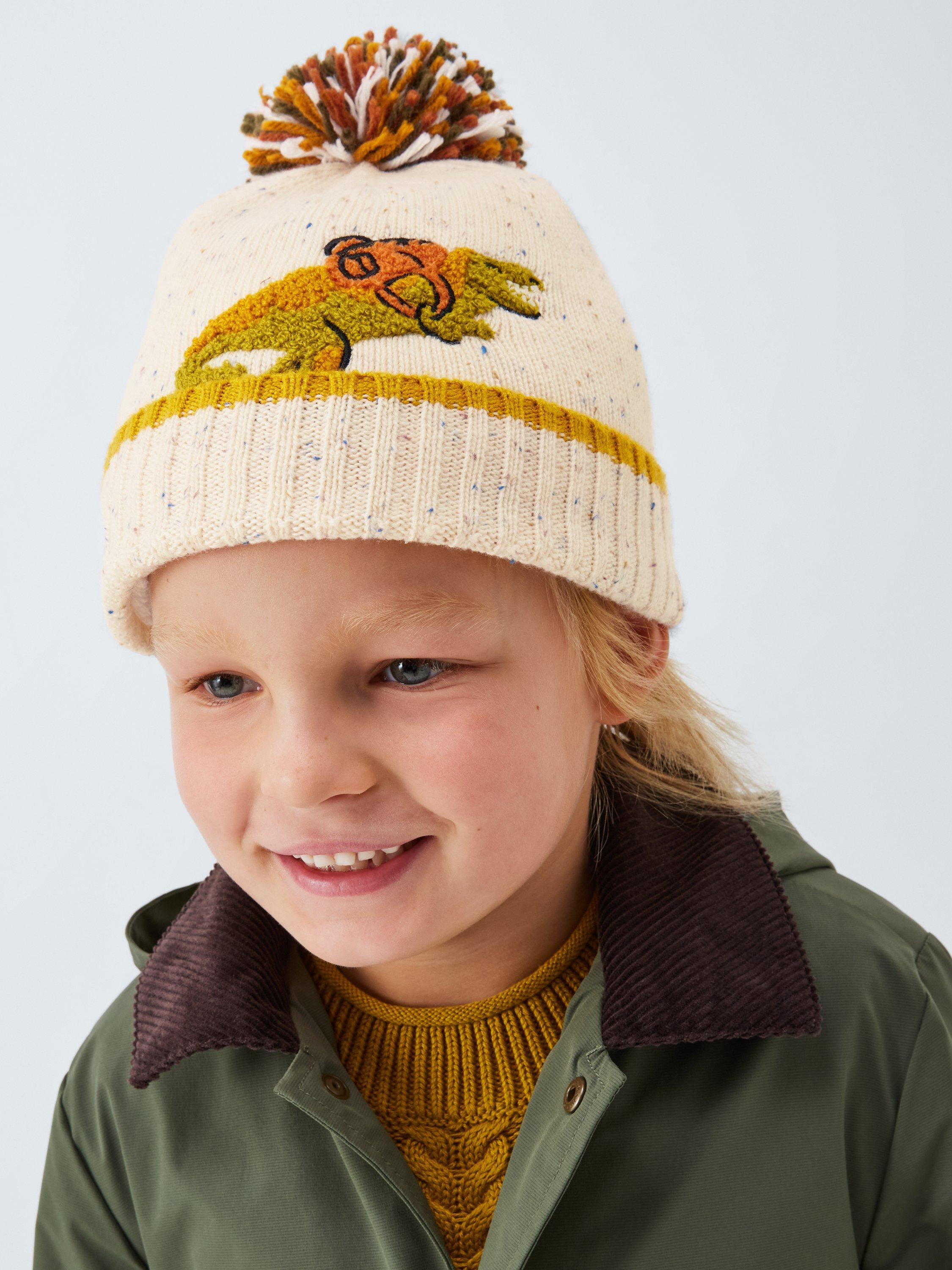 Product image 1 of 4, which shows John Lewis Kids' Boucle Dinosaur Beanie Hat, Grey Marl, 3-5 years