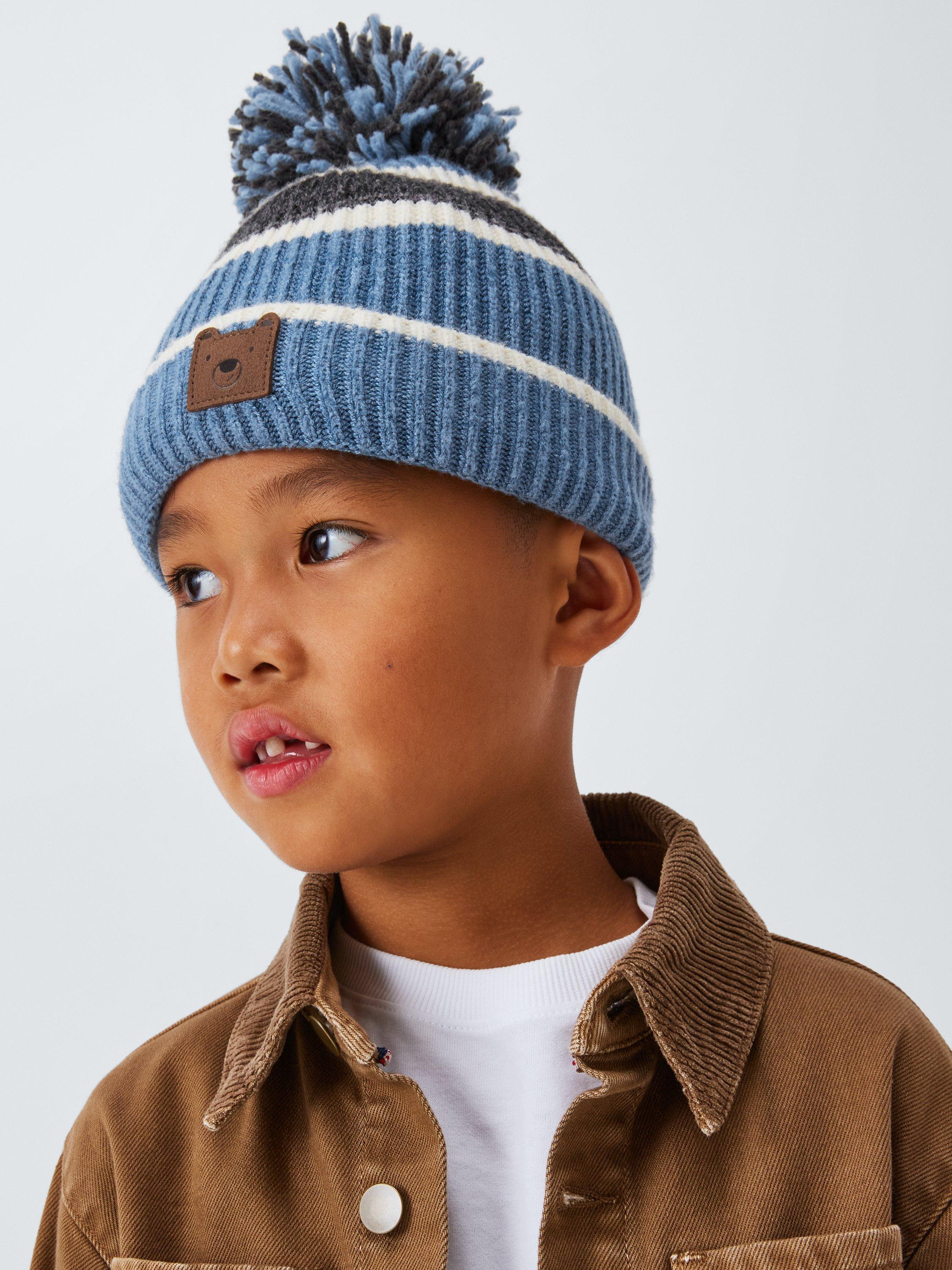 Product image 1 of 4, which shows John Lewis Kids' Bear Stripe Bobble Hat, Blue/Multi, 3-5 years