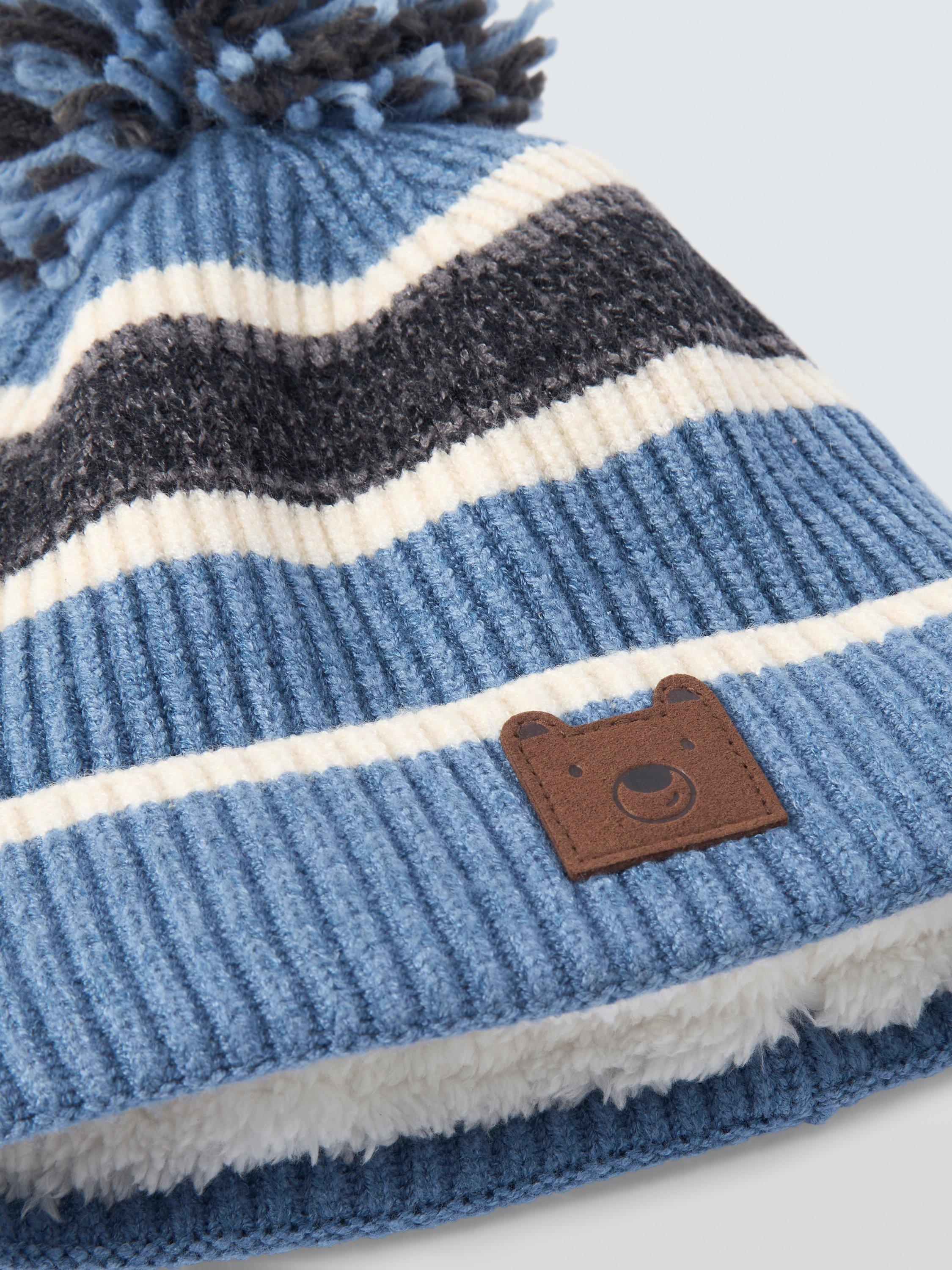 Product image 3 of 4, which shows John Lewis Kids' Bear Stripe Bobble Hat, Blue/Multi, 3-5 years