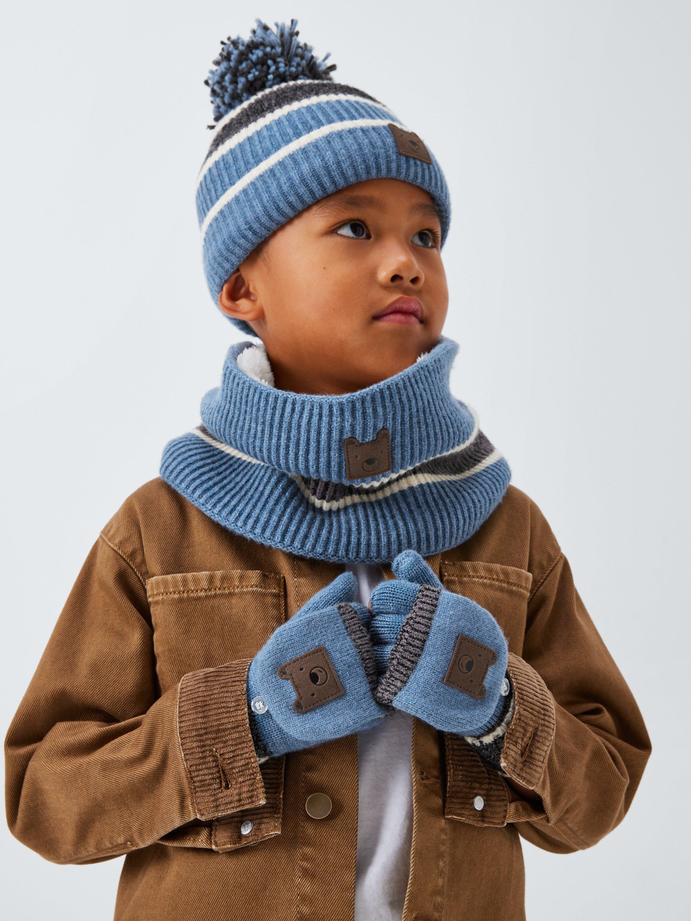 Product image 4 of 4, which shows John Lewis Kids' Bear Stripe Bobble Hat, Blue/Multi, 3-5 years