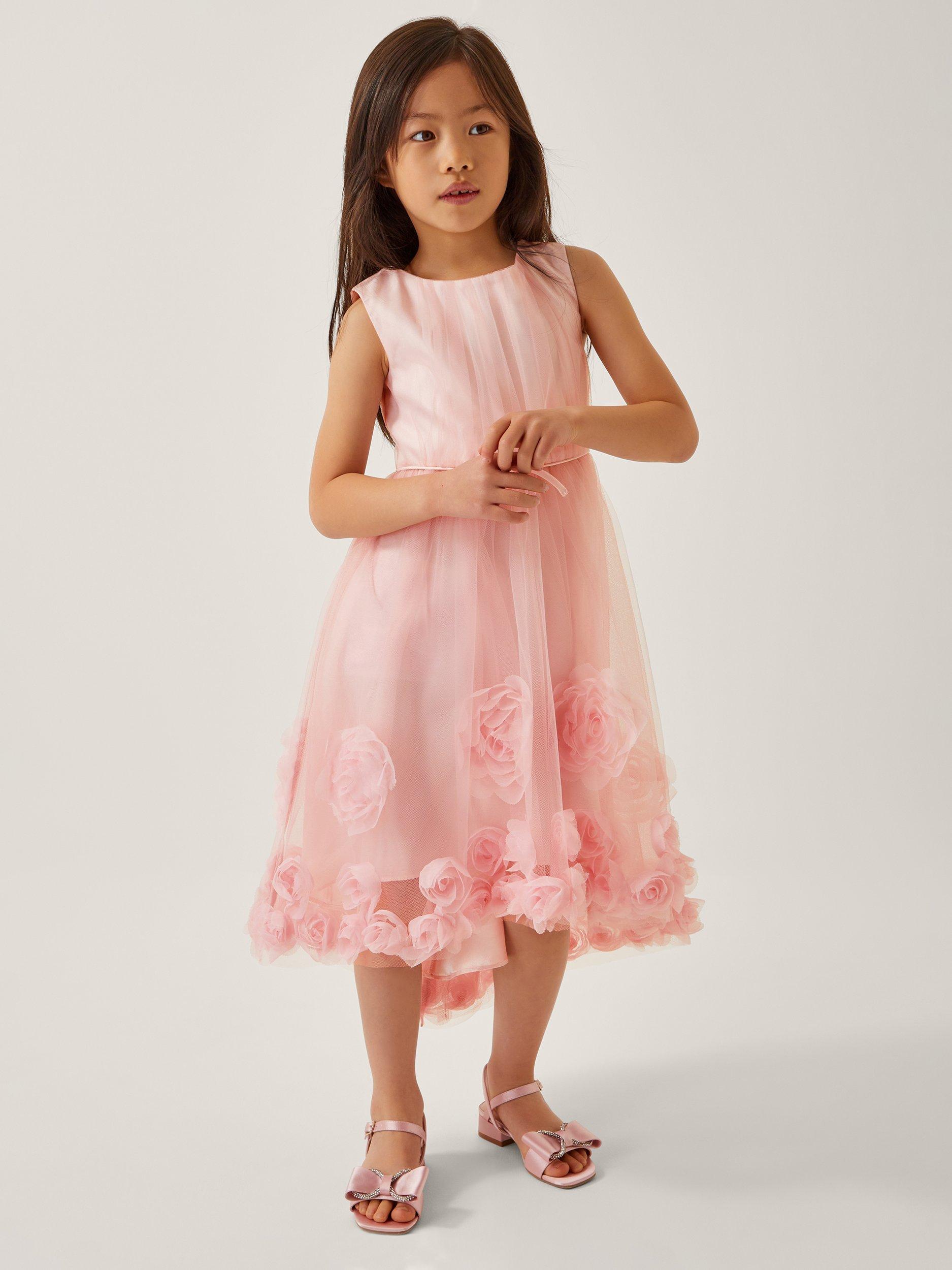 Product image 1 of 3, which shows Monsoon Kids' Josie Rosette Midi Dress, Pink, 3 years