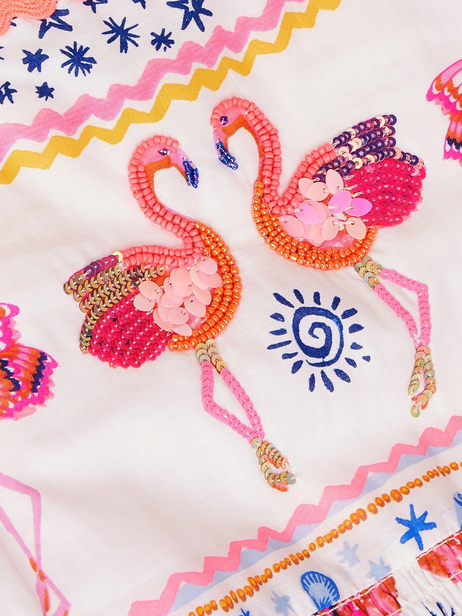 Product image 4 of 4, which shows Monsoon Kids' Cotton Sequin Flamingo Dress, Multi, 3 years