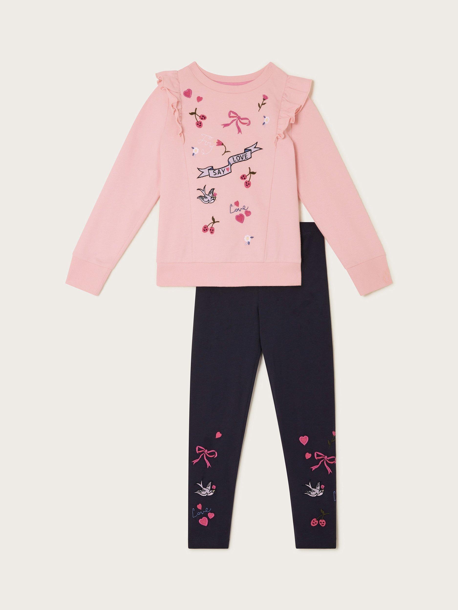 Product image 1 of 3, which shows Monsoon Kids' Love Embroidered Jumper and Leggings Set, Pink, 7-8 years