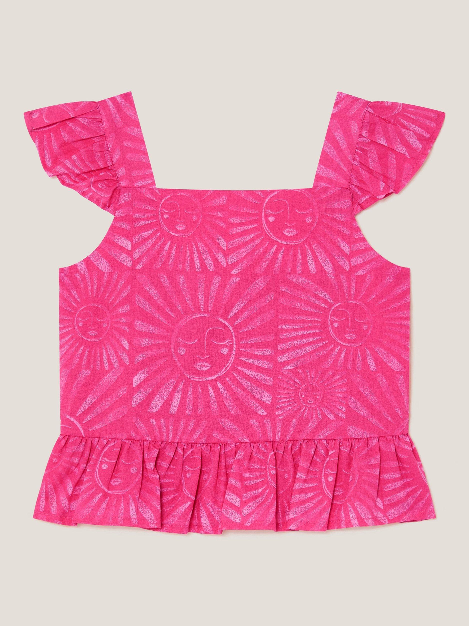 Product image 1 of 3, which shows Monsoon Kids' Cotton Sun Print Frilly Top, Pink, 5-6 years
