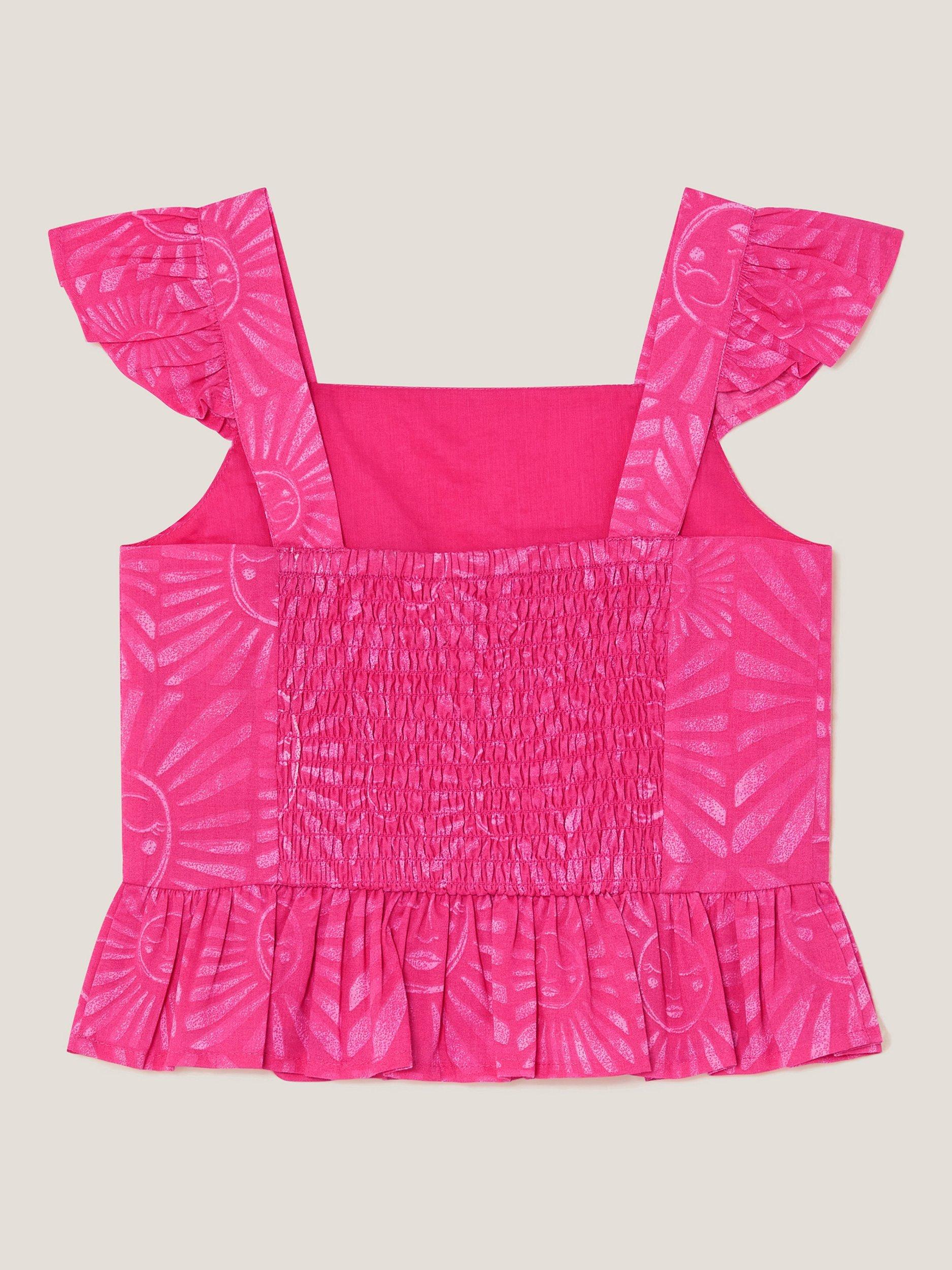 Product image 2 of 3, which shows Monsoon Kids' Cotton Sun Print Frilly Top, Pink, 5-6 years