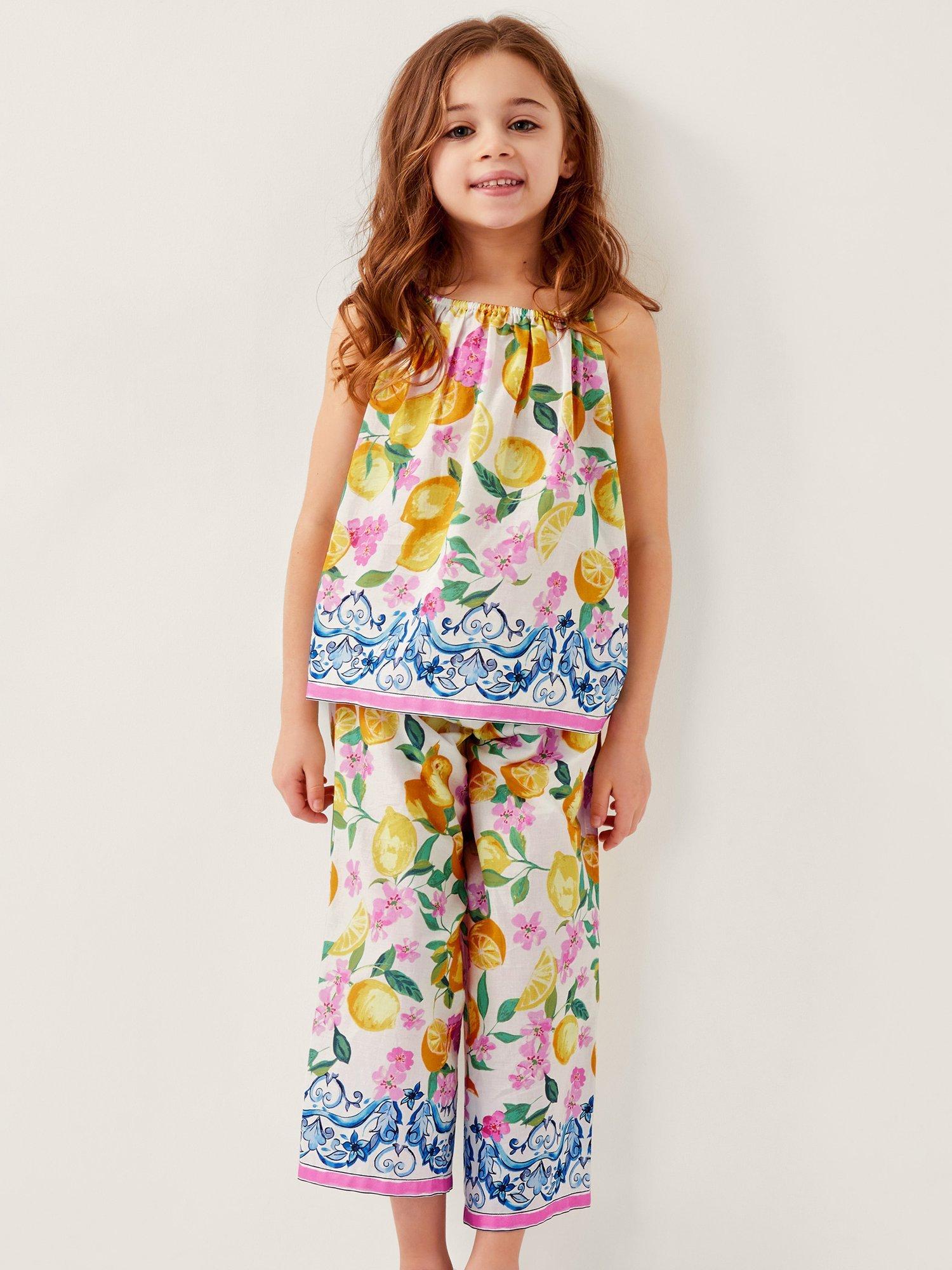 Product image 1 of 4, which shows Monsoon Kids' Cotton Lemon Print Top & Wide Leg Trousers Set, Yellow, 3-4 years
